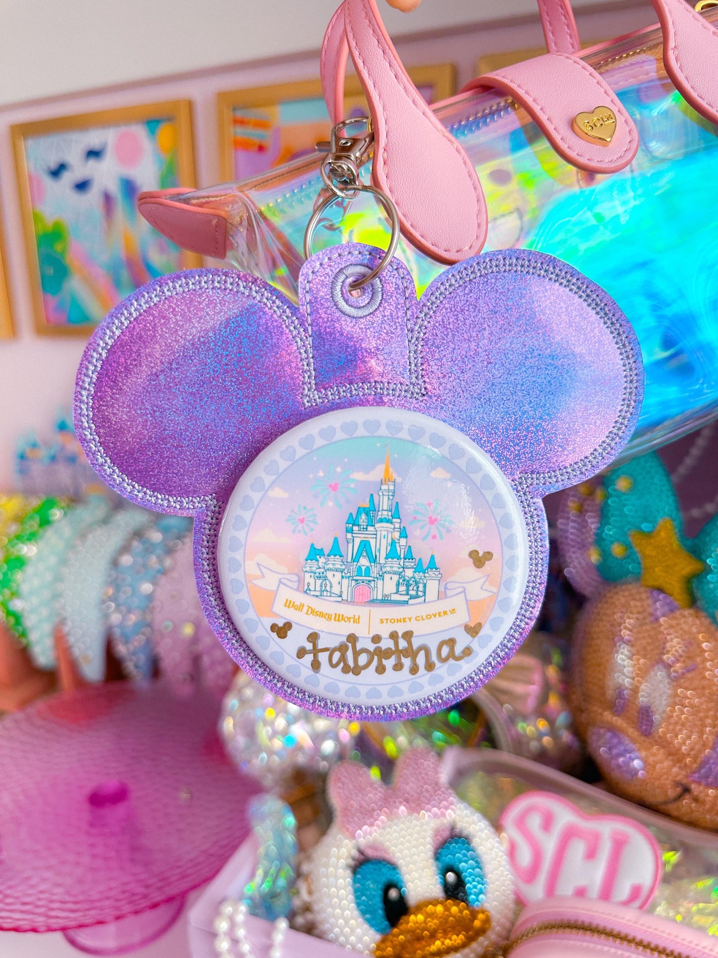 Purple Iridescent Holographic Vinyl - Mouse Backer Keychain for 3” Celebration Buttons - Badge Holder - Backpack Charm - Theme Park