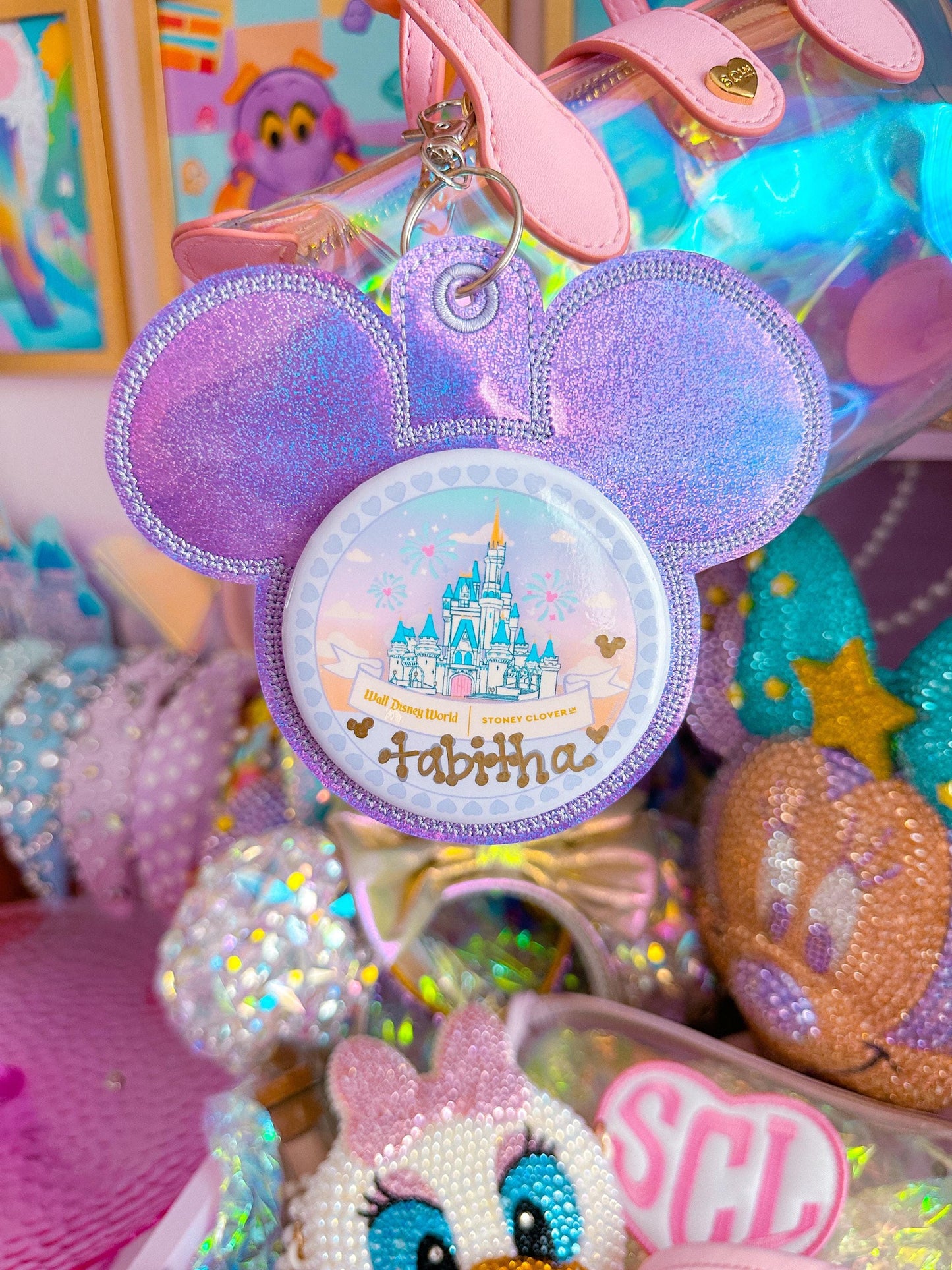 Purple Iridescent Holographic Vinyl - Mouse Backer Keychain for 3” Celebration Buttons - Badge Holder - Backpack Charm - Theme Park