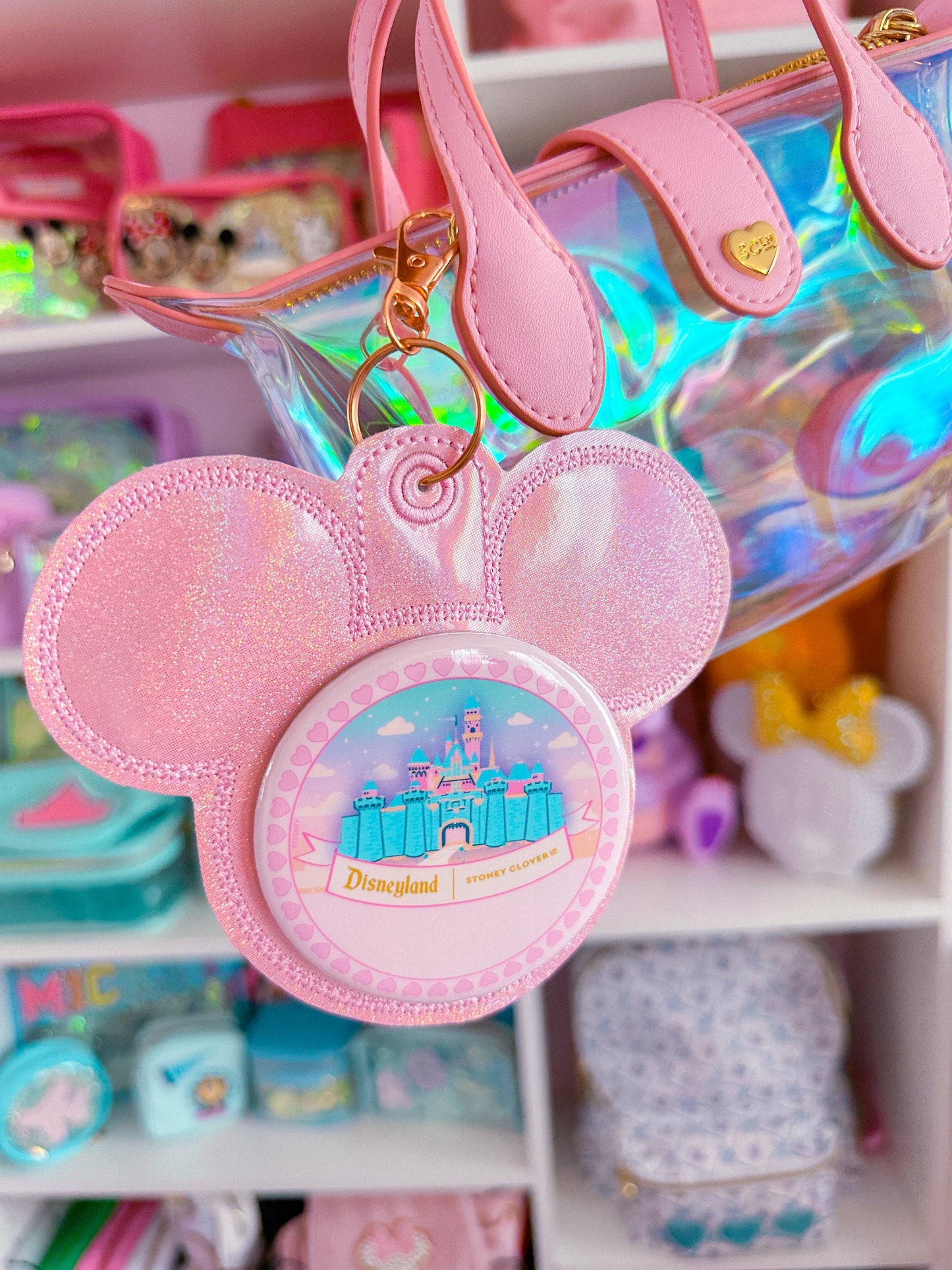 Baby Pink Iridescent Vinyl - Mouse Backer Keychain for 3β Celebration Buttons - Badge Holder - Backpack Charm - Theme Park Accessory