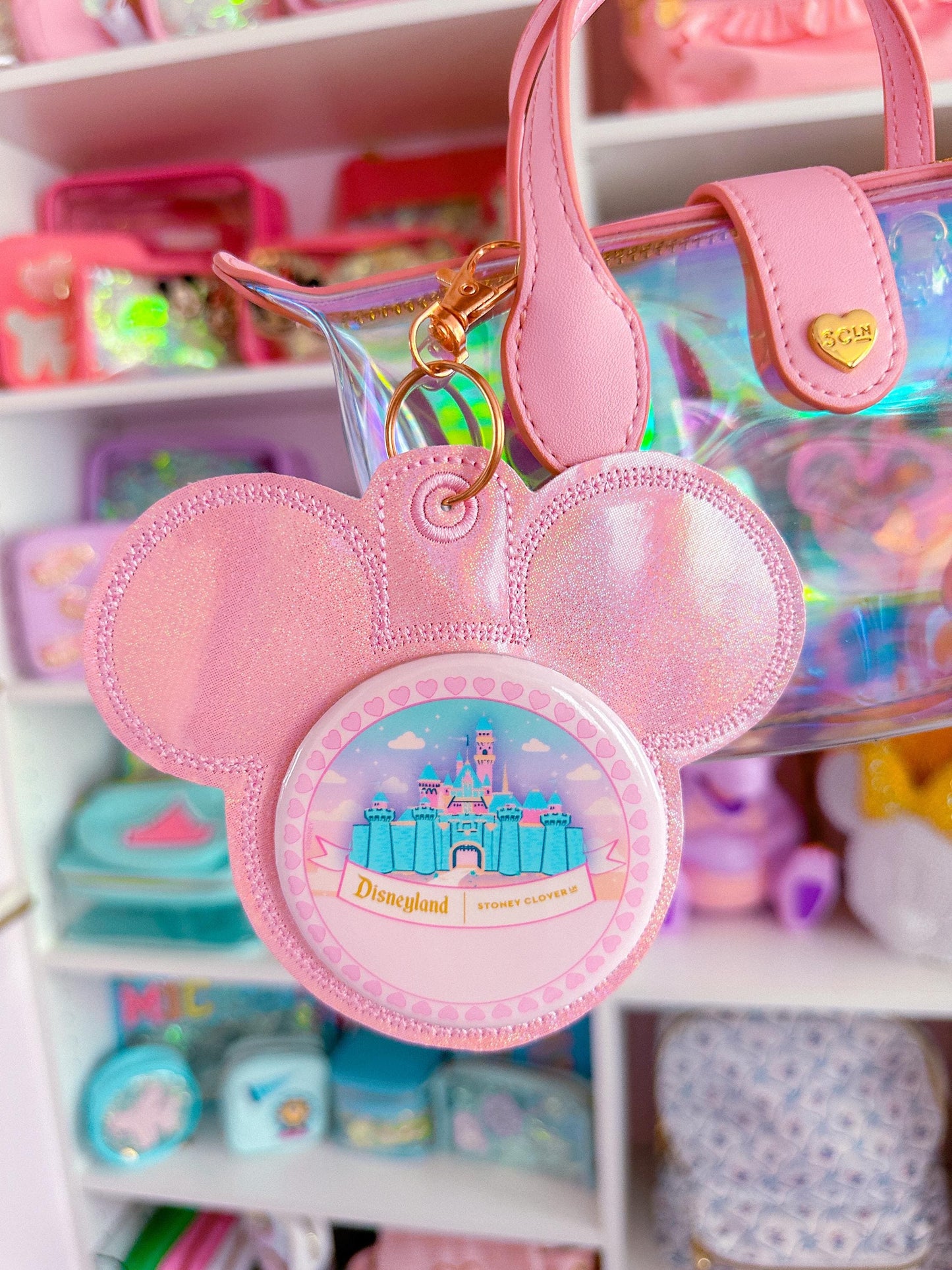 Baby Pink Iridescent Vinyl - Mouse Backer Keychain for 3β Celebration Buttons - Badge Holder - Backpack Charm - Theme Park Accessory