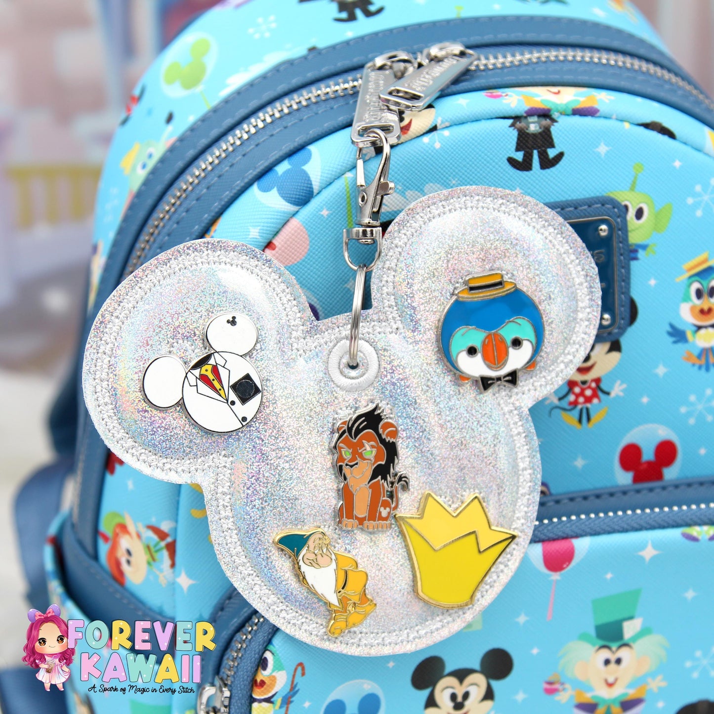 Iridescent Rainbow Holographic Pin Trading Keychain – Embroidered Pin Holder with Cork Backing for Enamel Pins - Theme Park Pin Trading