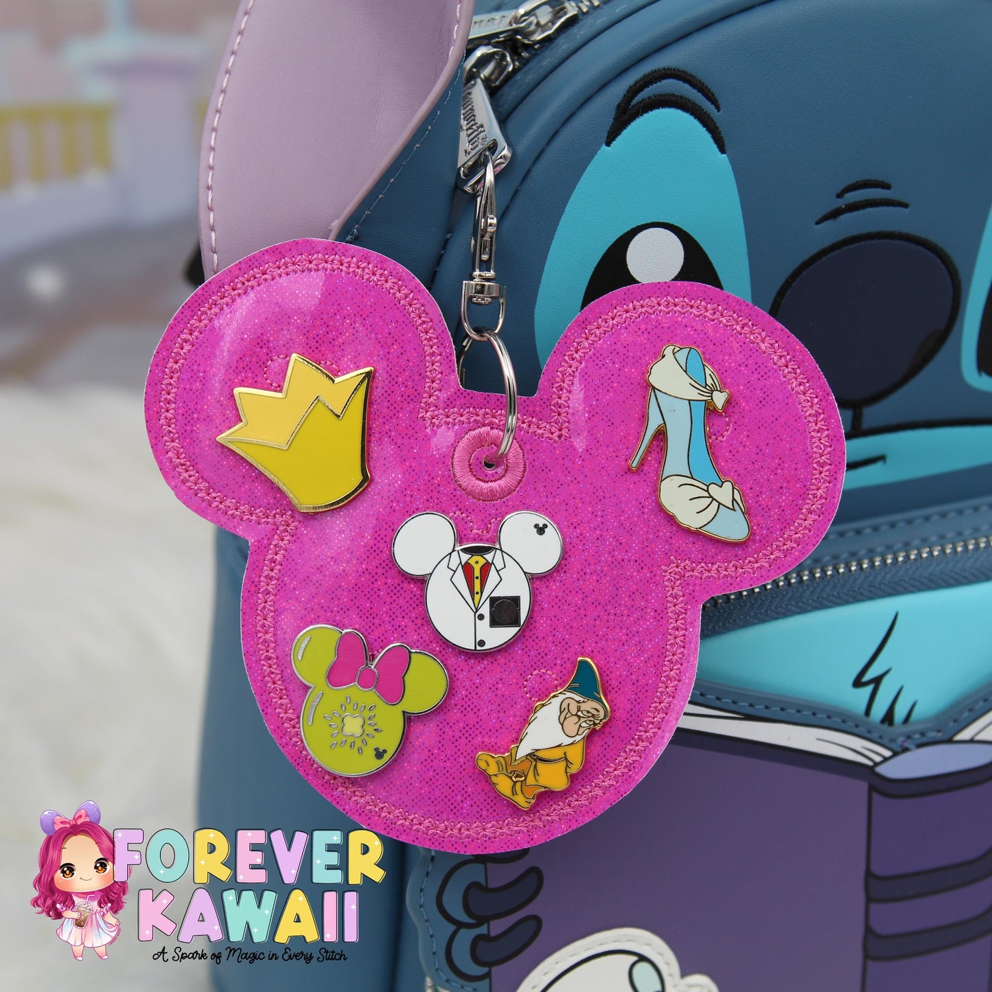 Hot Pink Iridescent Sparkles Pin Trading Keychain β Embroidered Pin Holder with Cork Backing for Enamel Pins - Theme Park Pin Trading