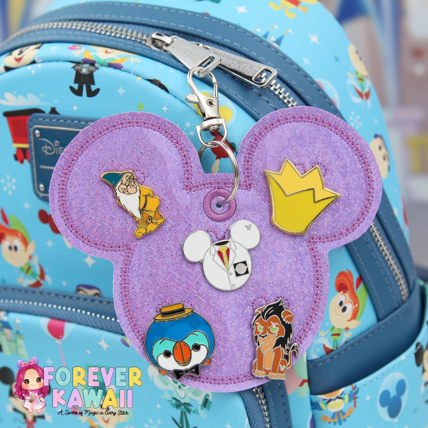 Purple Iridescent Sparkles Pin Trading Keychain – Embroidered Pin Holder with Cork Backing for Enamel Pins - Theme Park Pin Trading