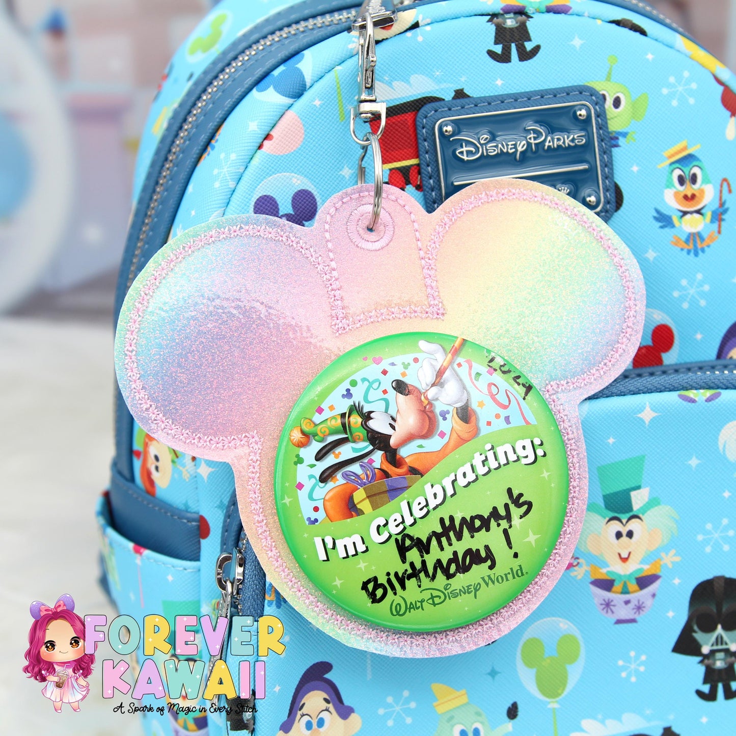 Pastel Rainbow Glitter Mouse Backer Keychain for 3” Celebration Buttons - Embroidered Badge Holder - Backpack Charm - Theme Park Accessory