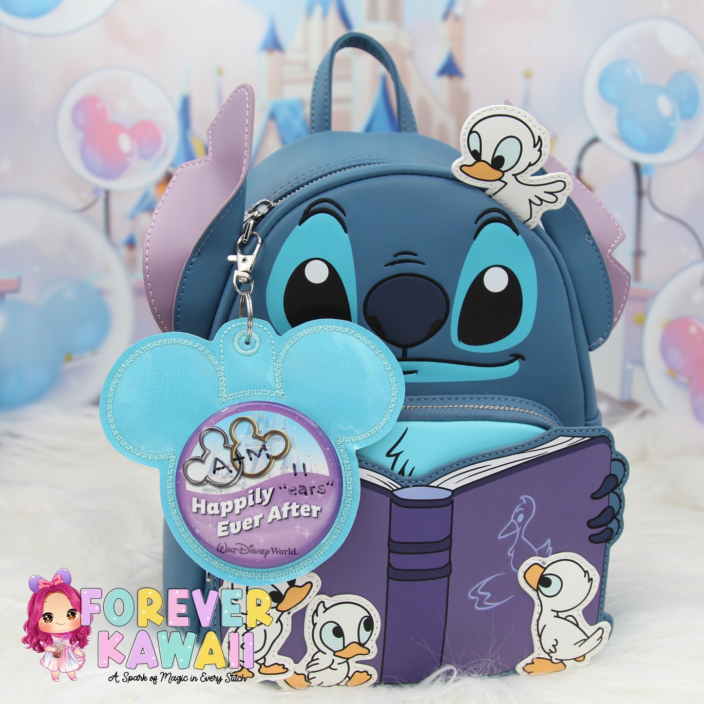 Light Blue Glitter Mouse Backer Keychain for 3” Celebration Buttons - Embroidered Badge Holder - Backpack Charm - Theme Park Accessory