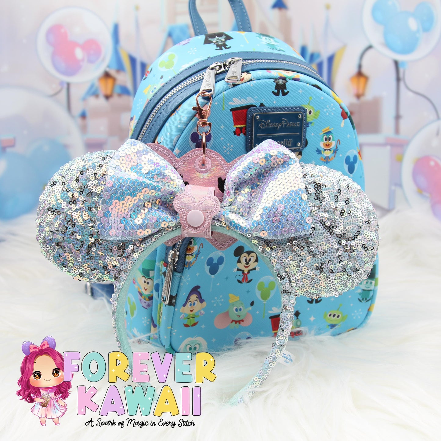 Pink Holographic Double Heart Park Ears Holder – Bridal Mouse Ears Clip, Park Ears Holder, Hat, Sunglasses, Wedding Ears Holder