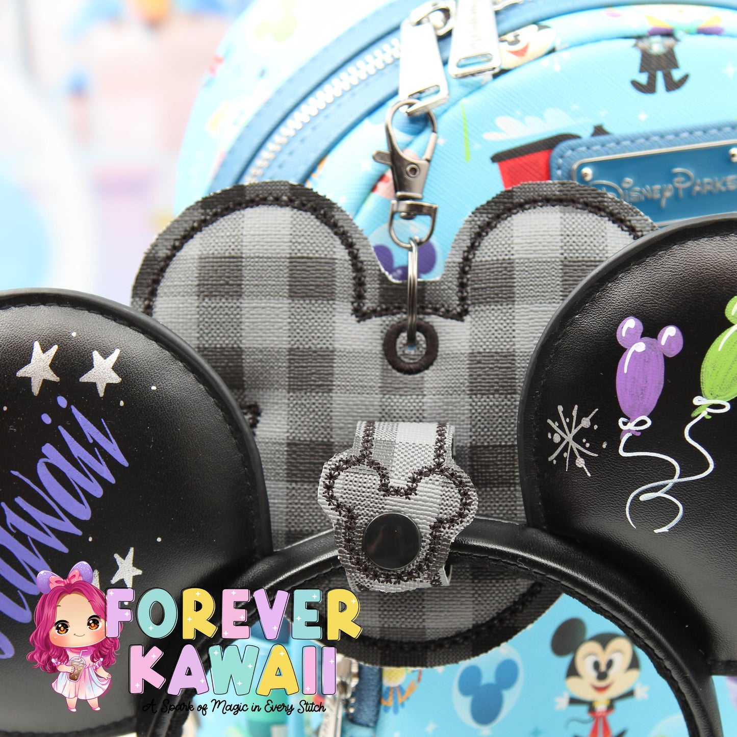 Black & Gray Checkered Puffy Mouse Ears Holder – Mouse Ears Clip, Mouse Ears Holder, Secure Your Park Ears, Hat, Sunglasses, Gift For Him