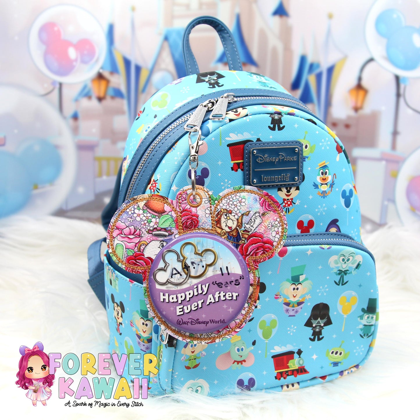 Enchanted Castle Friends Mouse Backer Keychain for 3” Celebration Buttons - Embroidered Badge Holder - Backpack Charm - Theme Park Accessory