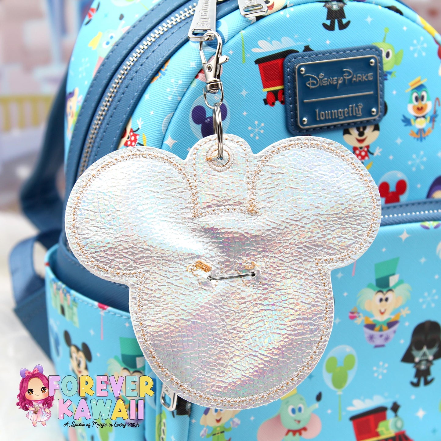 Enchanted Castle Friends Mouse Backer Keychain for 3” Celebration Buttons - Embroidered Badge Holder - Backpack Charm - Theme Park Accessory