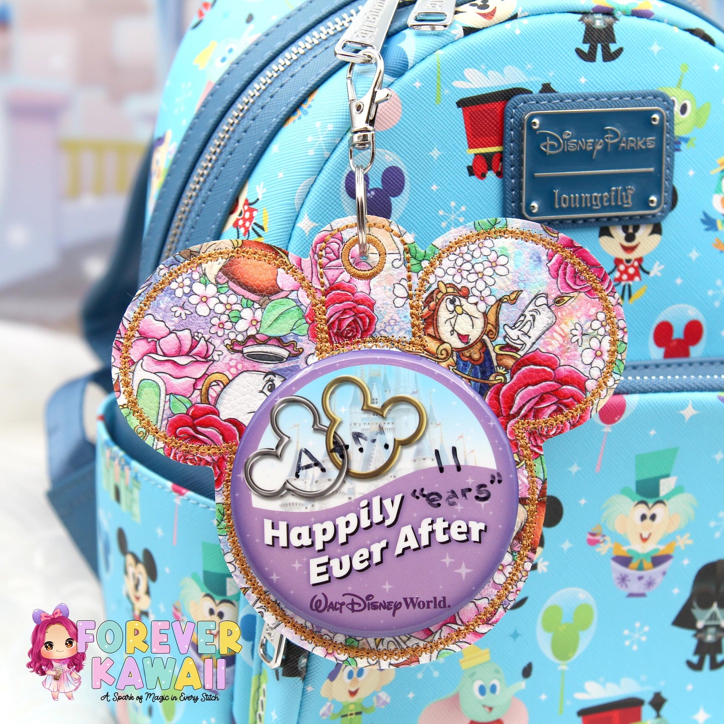 Enchanted Castle Friends Mouse Backer Keychain for 3” Celebration Buttons - Embroidered Badge Holder - Backpack Charm - Theme Park Accessory
