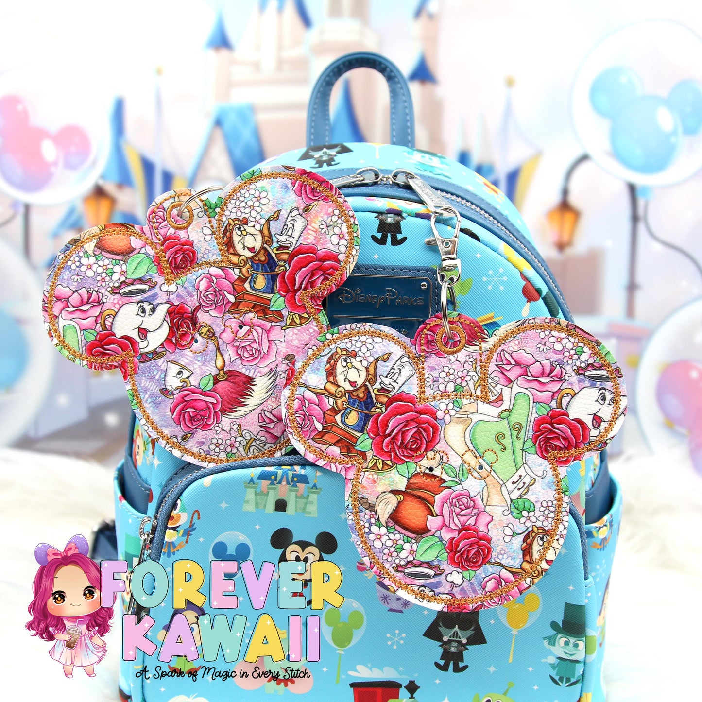 Enchanted Castle Friends Mouse Backer Keychain for 3” Celebration Buttons - Embroidered Badge Holder - Backpack Charm - Theme Park Accessory
