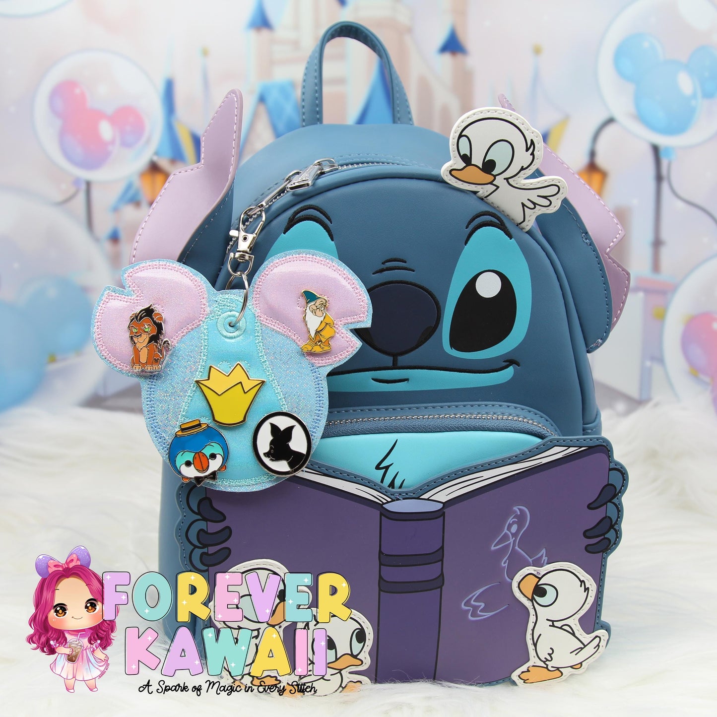 Blue Island Alien Holographic Pin Trading Keychain – Embroidered Pin Holder with Cork Backing for Enamel Pins - Theme Park Pin Trading
