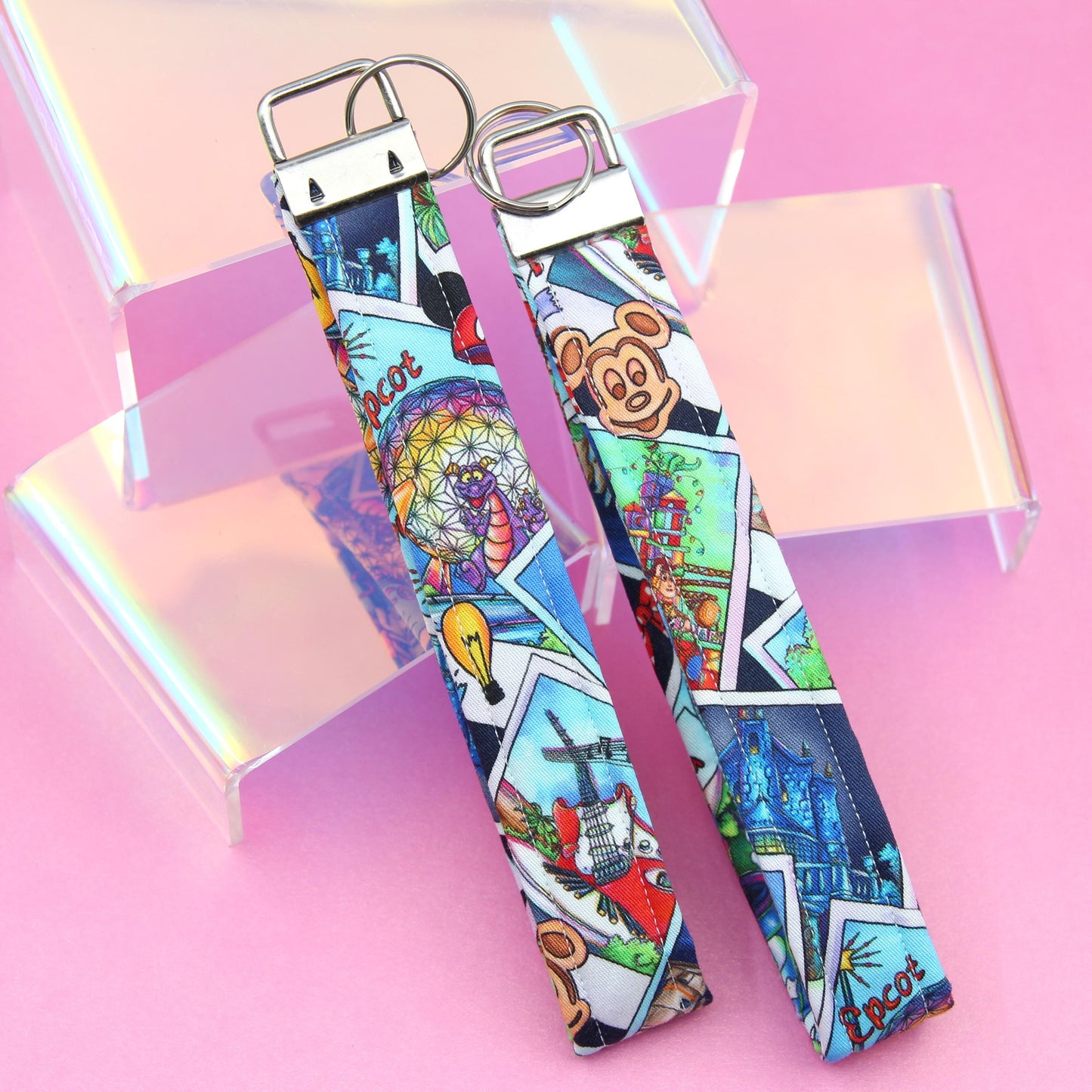 Park-Inspired Postage Stamp Keychain – Featuring Iconic Attractions, Mouse-Shaped Design & Waffle Shape – Magical Keychain