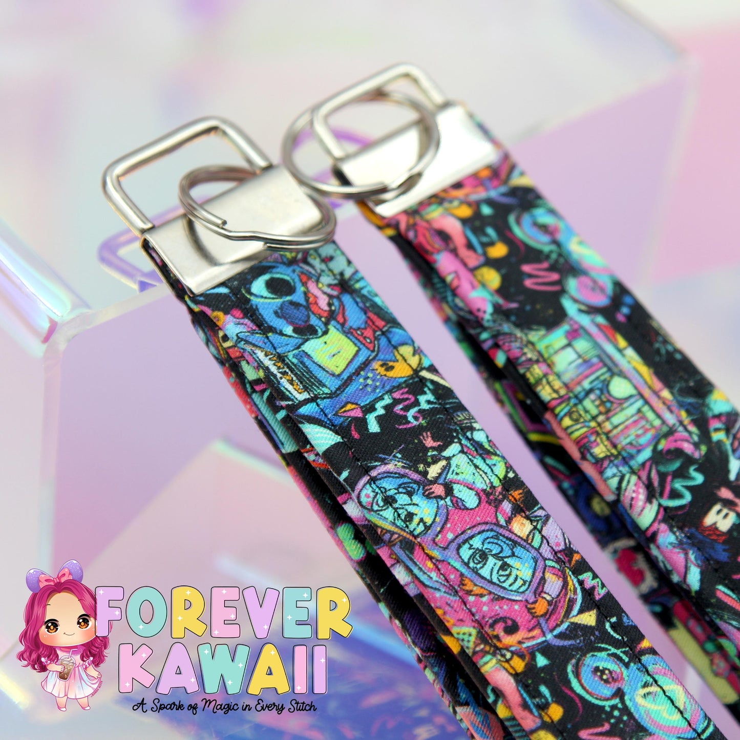 80s Inspired Neon Keychain – Retro Characters, Boomboxes & Bold Colors – Fun, Colorful Keyfob for 80s Nostalgia Lovers