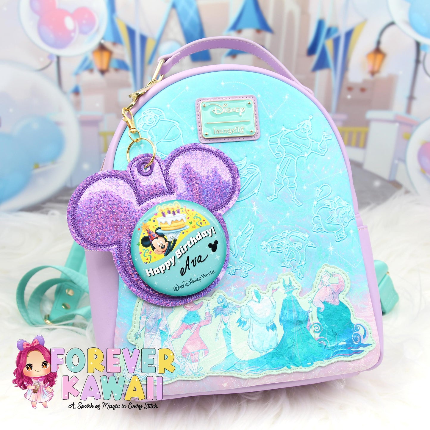 Purple Glitter Holographic Vinyl - Mouse Backer Keychain for 3” Celebration Buttons - Badge Holder - Backpack Charm - Theme Park
