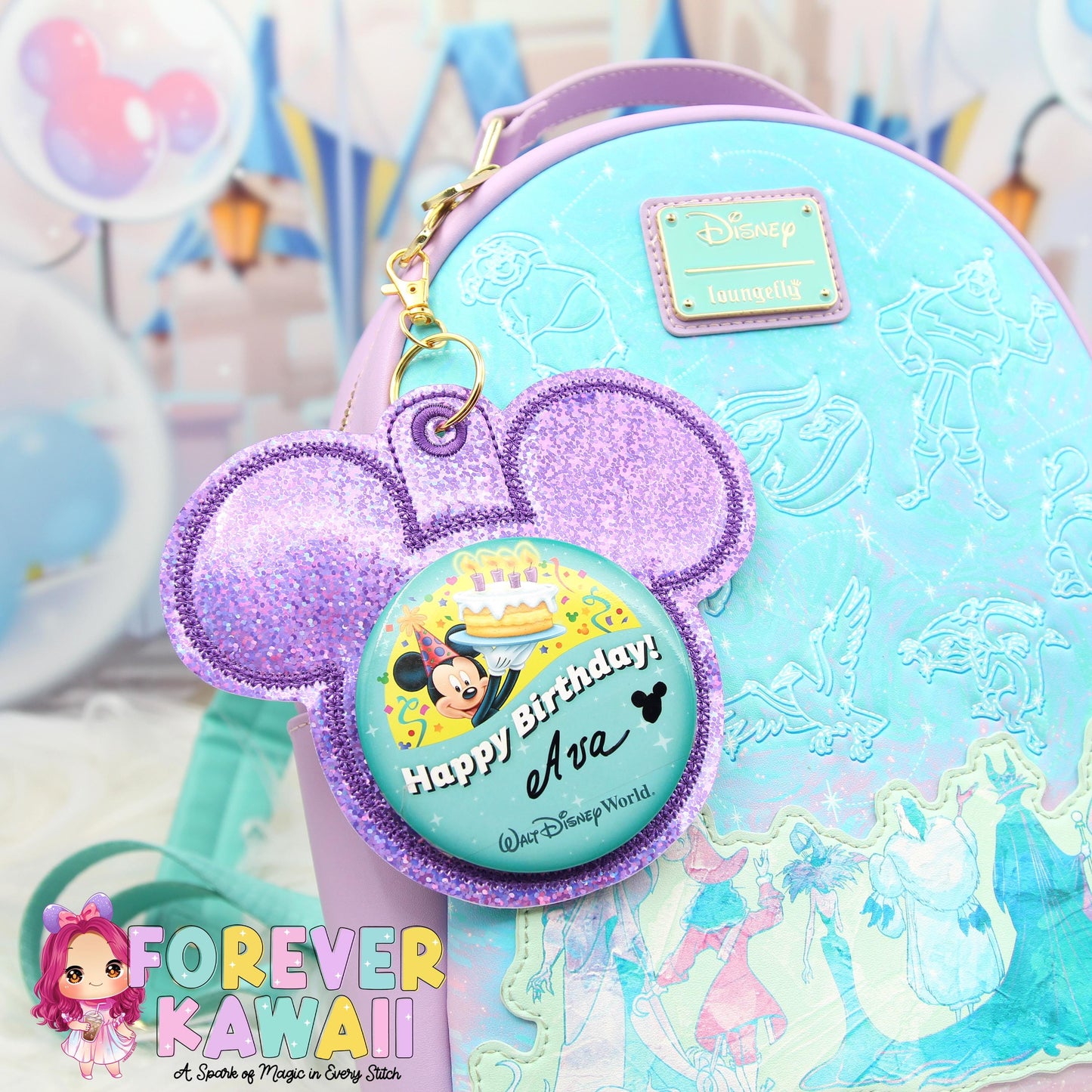 Purple Glitter Holographic Vinyl - Mouse Backer Keychain for 3” Celebration Buttons - Badge Holder - Backpack Charm - Theme Park