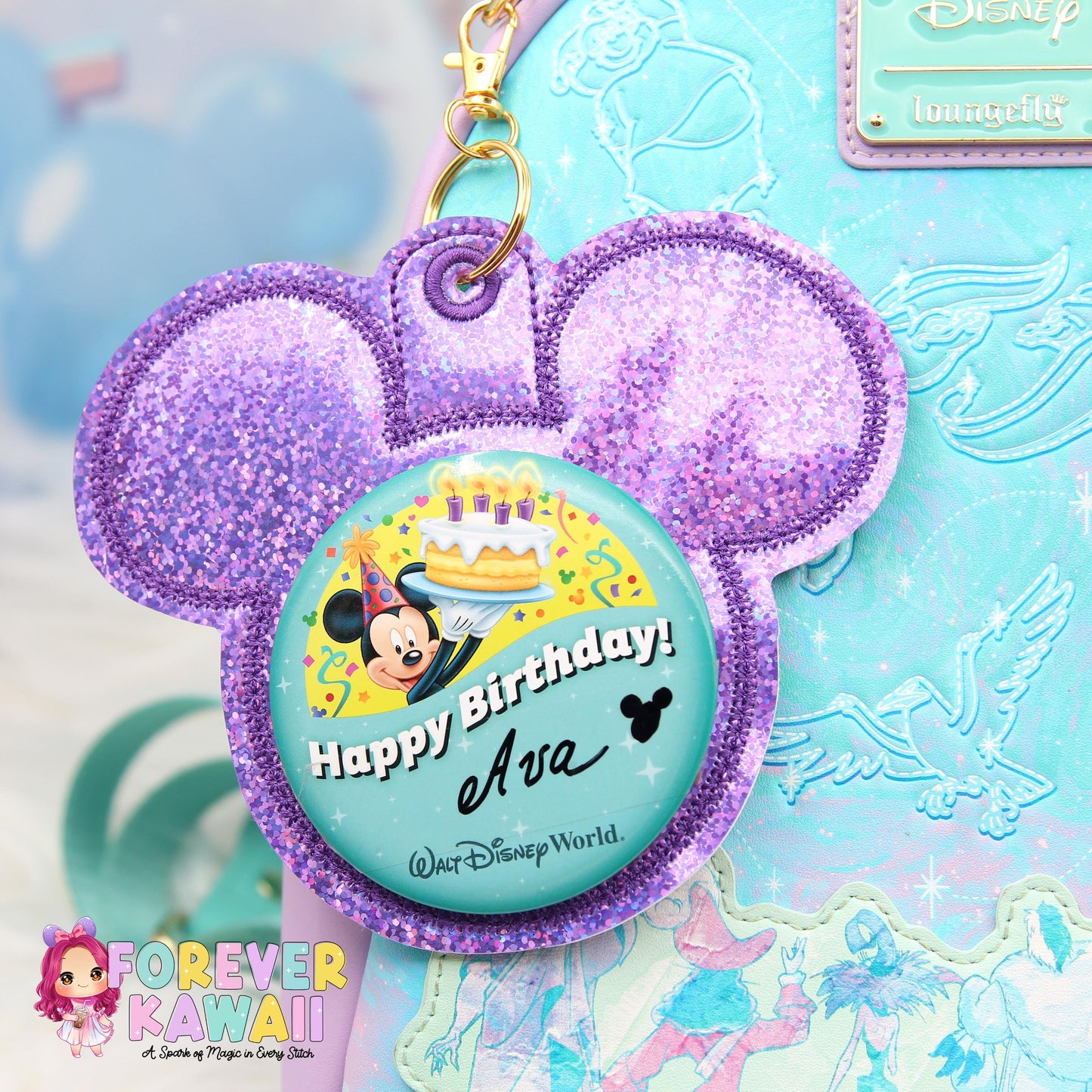 Purple Glitter Holographic Vinyl - Mouse Backer Keychain for 3” Celebration Buttons - Badge Holder - Backpack Charm - Theme Park