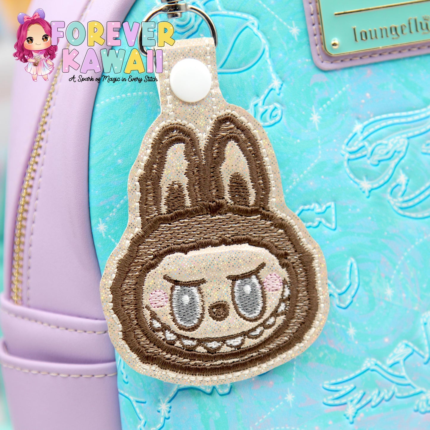 Labubu Embroidered Keychain - Brown or Pink - Cute Kawaii Keychain - Plush Keychain - Soft & Stylish Key Fob - Labubu Bag Charm