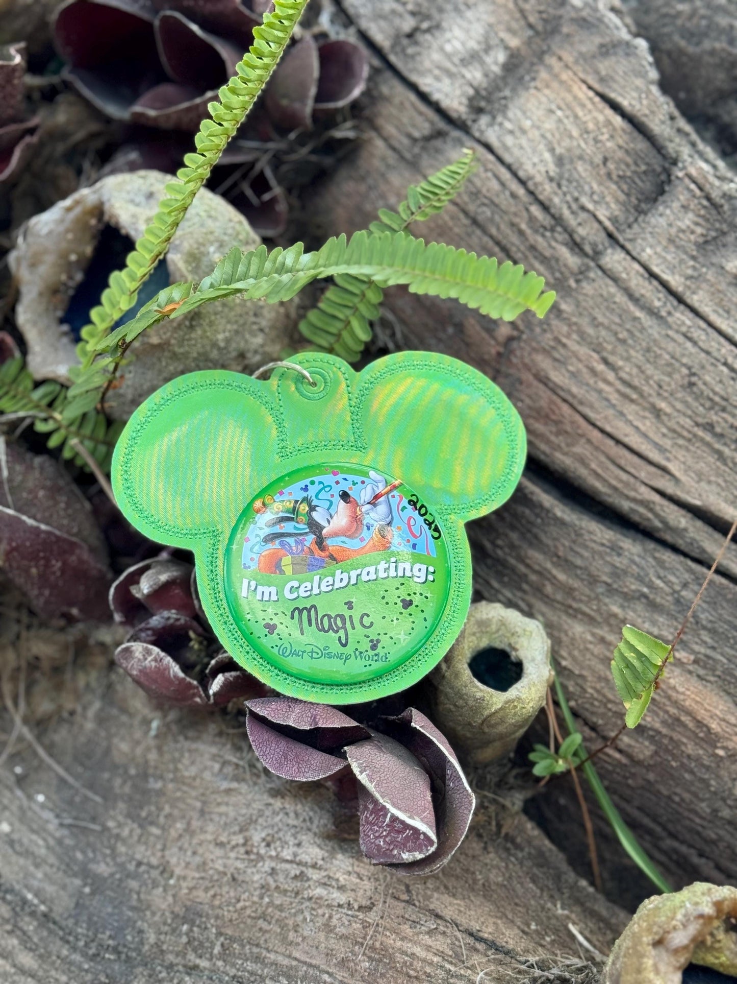 Green Holographic Mouse Backer Keychain for 3” Celebration Buttons - Embroidered Badge Holder - Backpack Charm - Theme Park Accessory