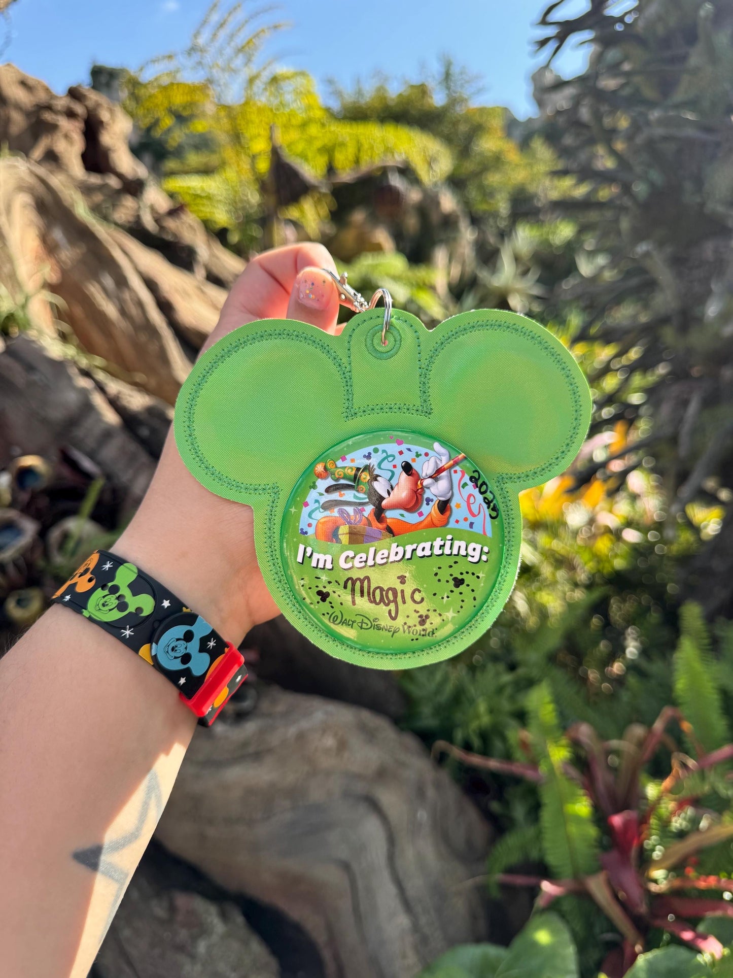 Green Holographic Mouse Backer Keychain for 3” Celebration Buttons - Embroidered Badge Holder - Backpack Charm - Theme Park Accessory