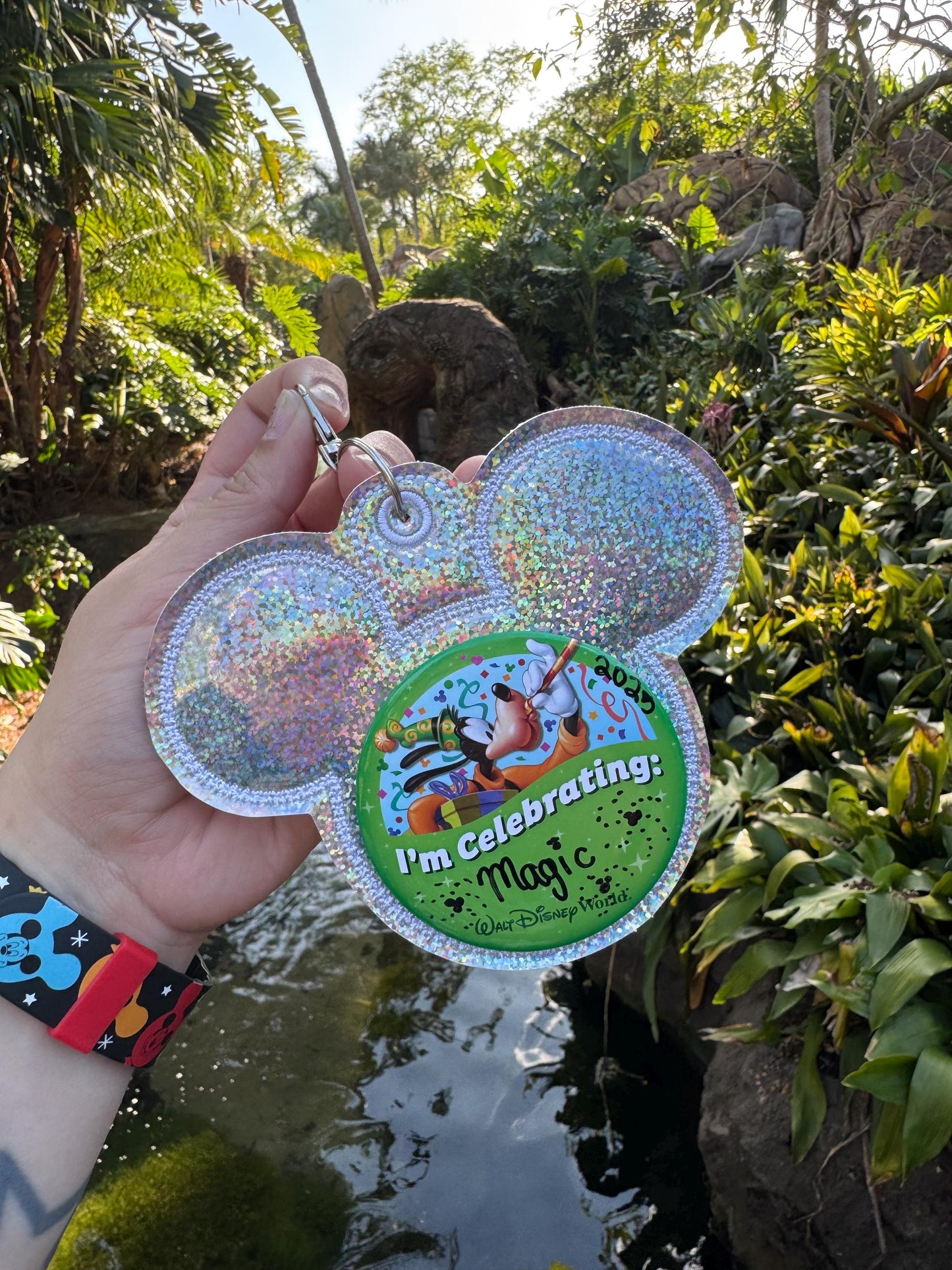 Silver Glitter Vinyl - Mouse Backer Keychain for 3” Celebration Buttons - Embroidered Badge Holder - Backpack Charm - Theme Park Accessory