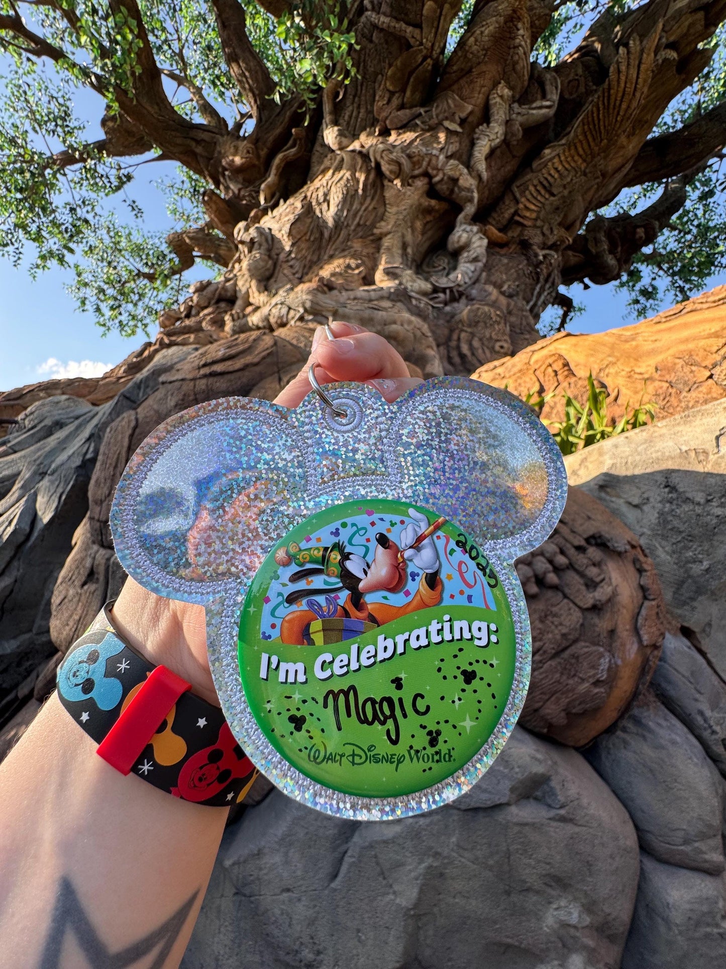 Silver Glitter Vinyl - Mouse Backer Keychain for 3” Celebration Buttons - Embroidered Badge Holder - Backpack Charm - Theme Park Accessory