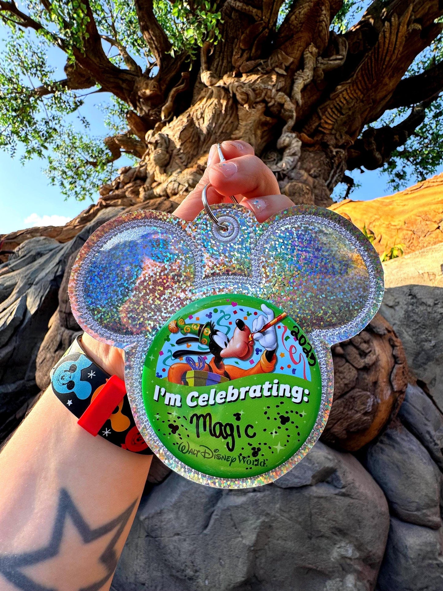 Silver Glitter Vinyl - Mouse Backer Keychain for 3” Celebration Buttons - Embroidered Badge Holder - Backpack Charm - Theme Park Accessory
