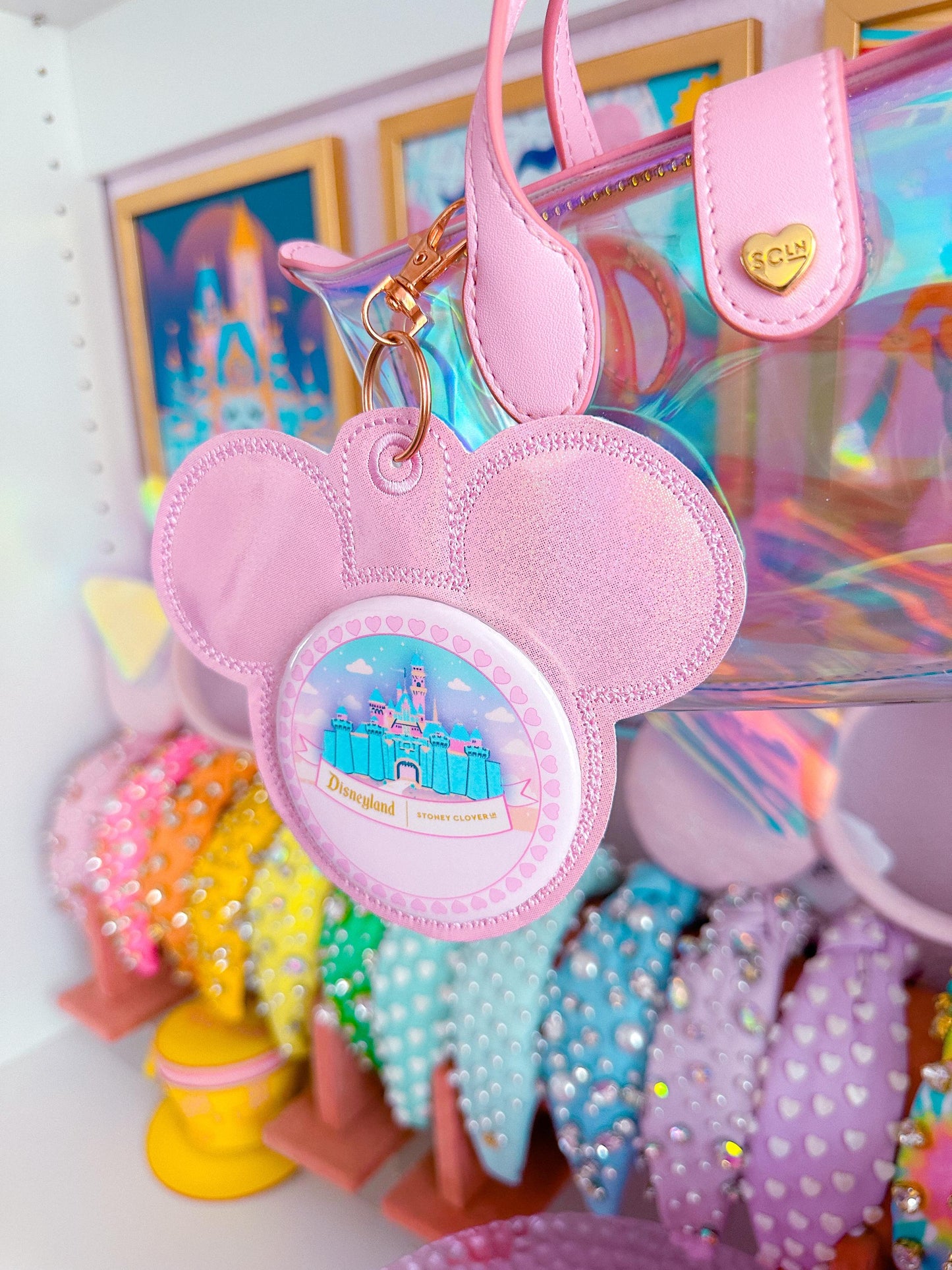 Baby Pink Iridescent Vinyl - Mouse Backer Keychain for 3β Celebration Buttons - Badge Holder - Backpack Charm - Theme Park Accessory