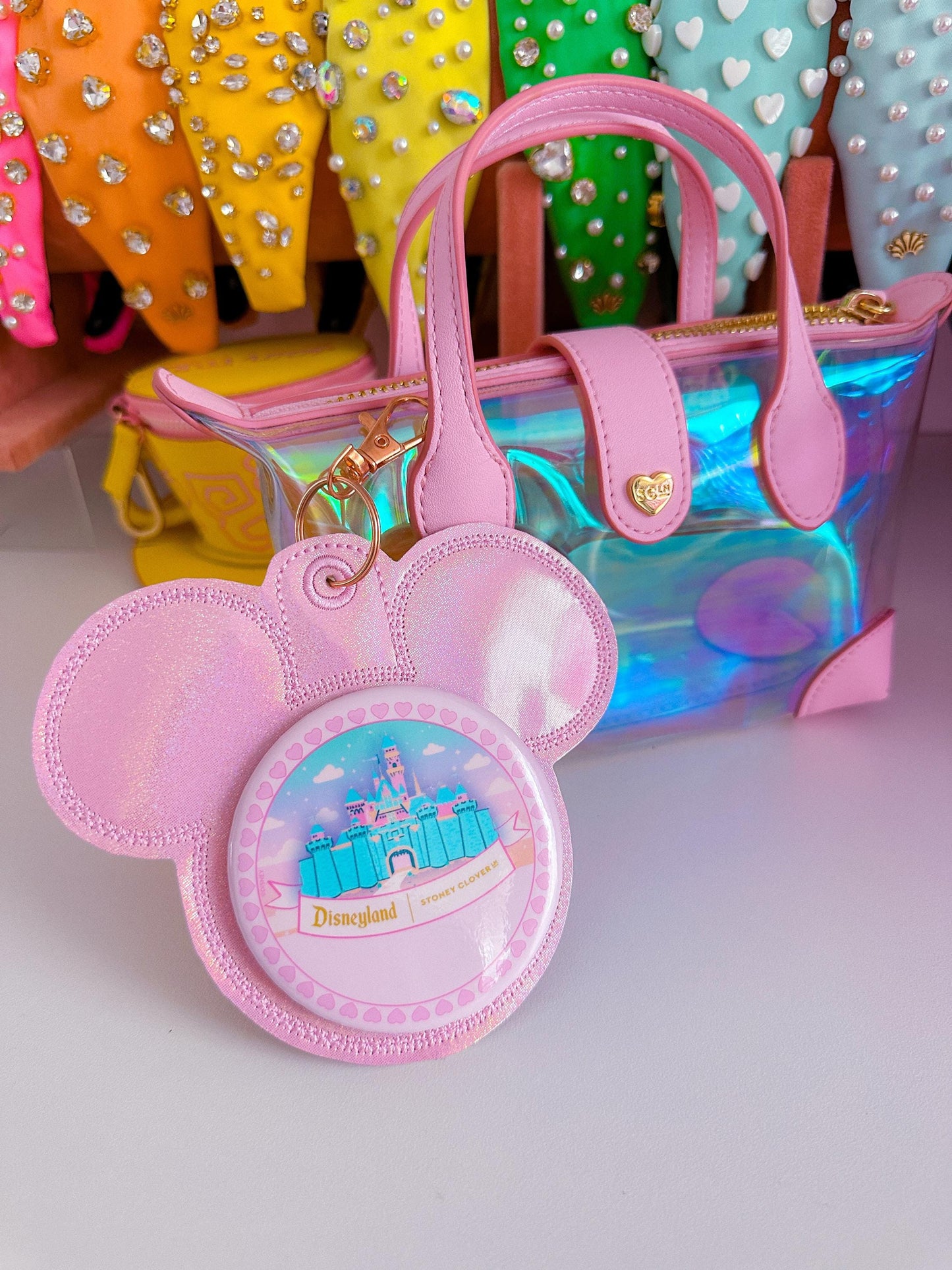 Baby Pink Iridescent Vinyl - Mouse Backer Keychain for 3β Celebration Buttons - Badge Holder - Backpack Charm - Theme Park Accessory
