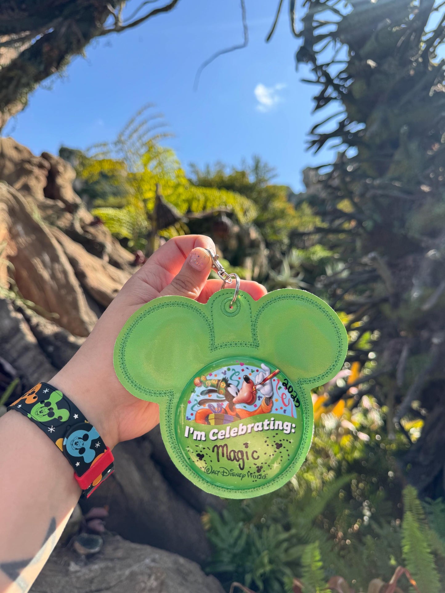 Green Holographic Mouse Backer Keychain for 3” Celebration Buttons - Embroidered Badge Holder - Backpack Charm - Theme Park Accessory