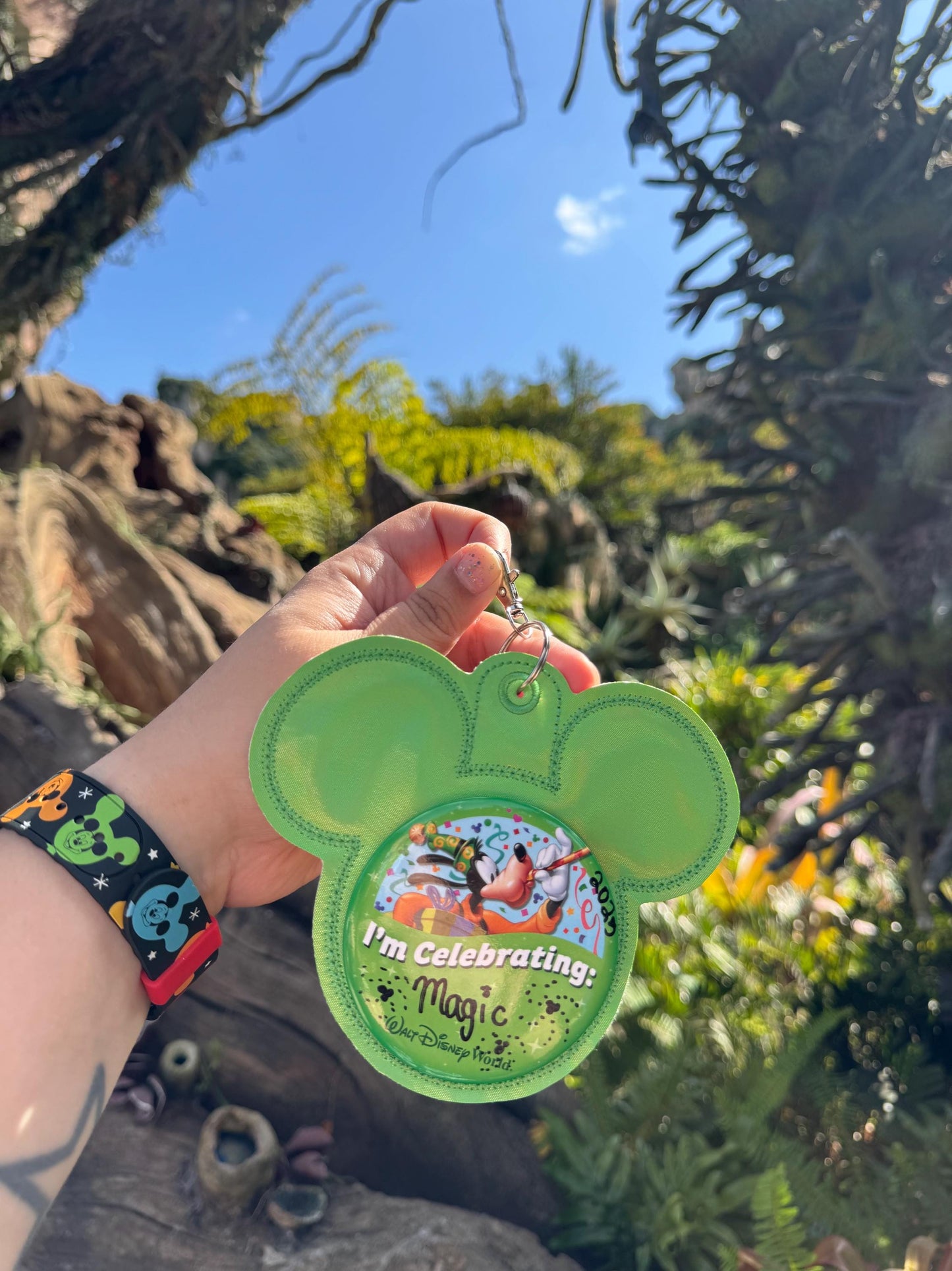 Green Holographic Mouse Backer Keychain for 3” Celebration Buttons - Embroidered Badge Holder - Backpack Charm - Theme Park Accessory