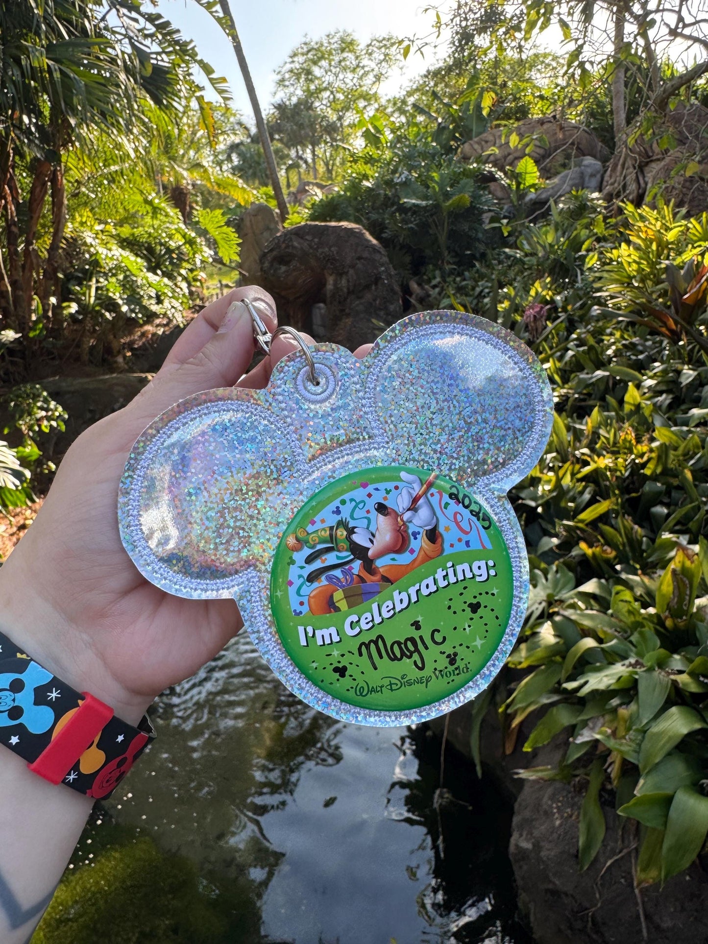 Silver Glitter Vinyl - Mouse Backer Keychain for 3” Celebration Buttons - Embroidered Badge Holder - Backpack Charm - Theme Park Accessory