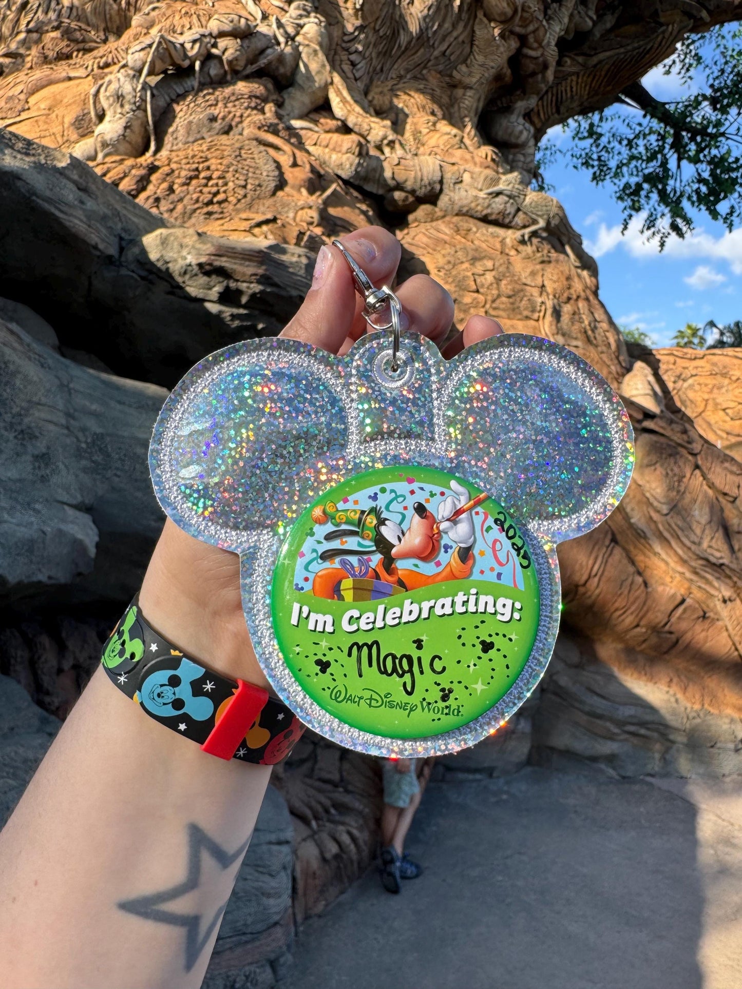 Silver Glitter Vinyl - Mouse Backer Keychain for 3” Celebration Buttons - Embroidered Badge Holder - Backpack Charm - Theme Park Accessory