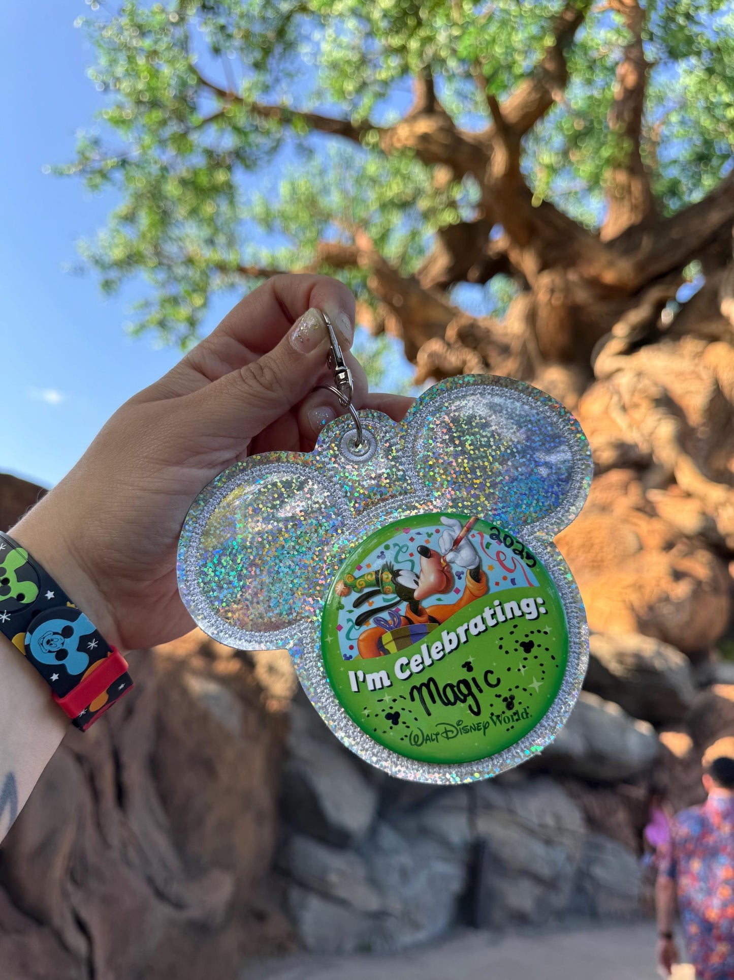 Silver Glitter Vinyl - Mouse Backer Keychain for 3” Celebration Buttons - Embroidered Badge Holder - Backpack Charm - Theme Park Accessory