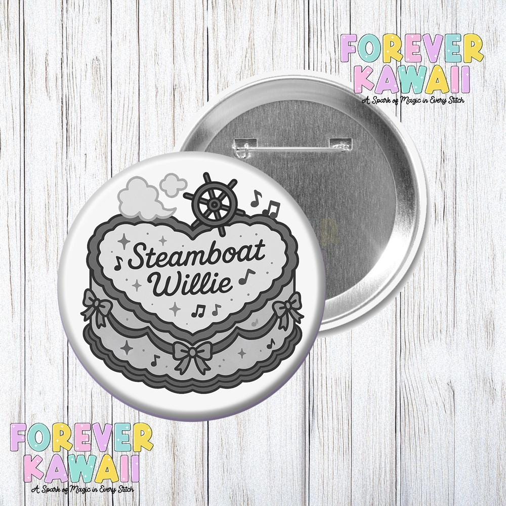Steamboat Willie Cake - Celebration Pinback Button - Coquette Park Day - Handcrafted Magic Button