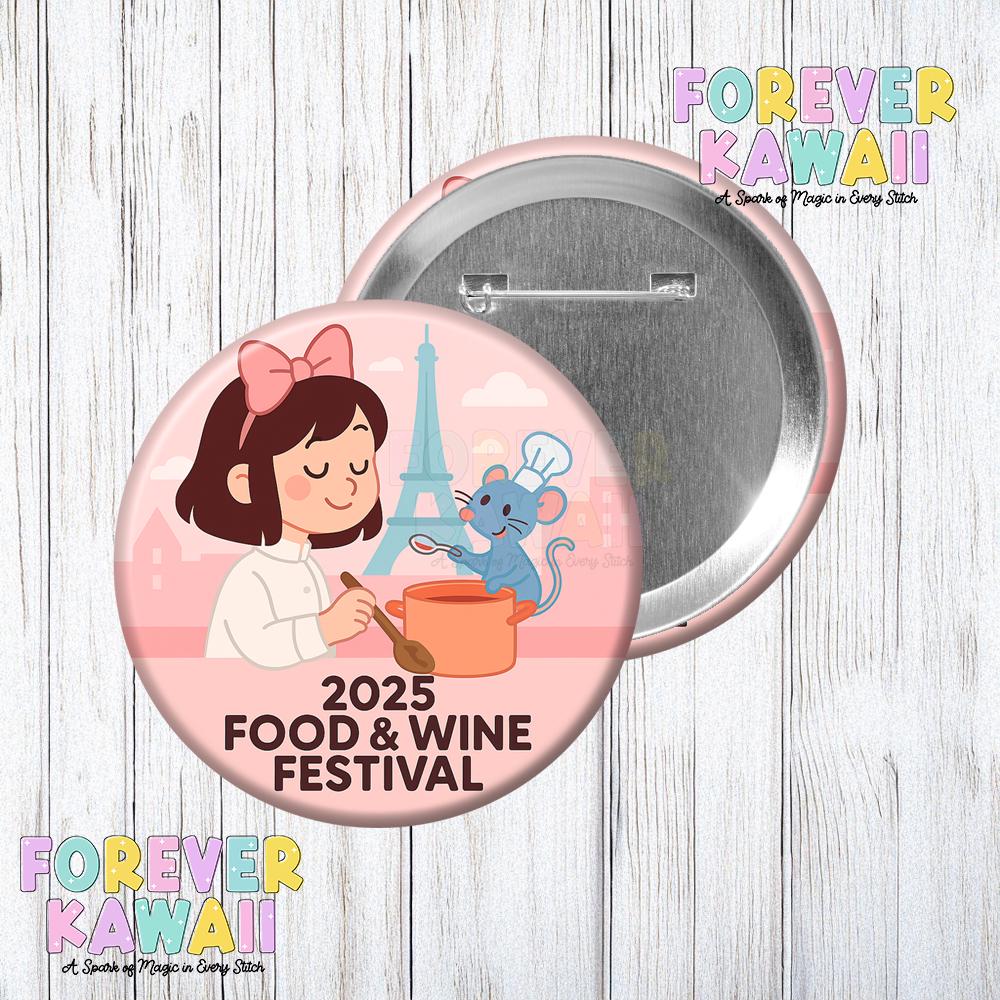 2025 Food & Wine Festival Button – Remy Inspired Chef Mouse Pin – Kawaii EPCOT 3" Park Trip Badge – Cute Paris Cooking Gift