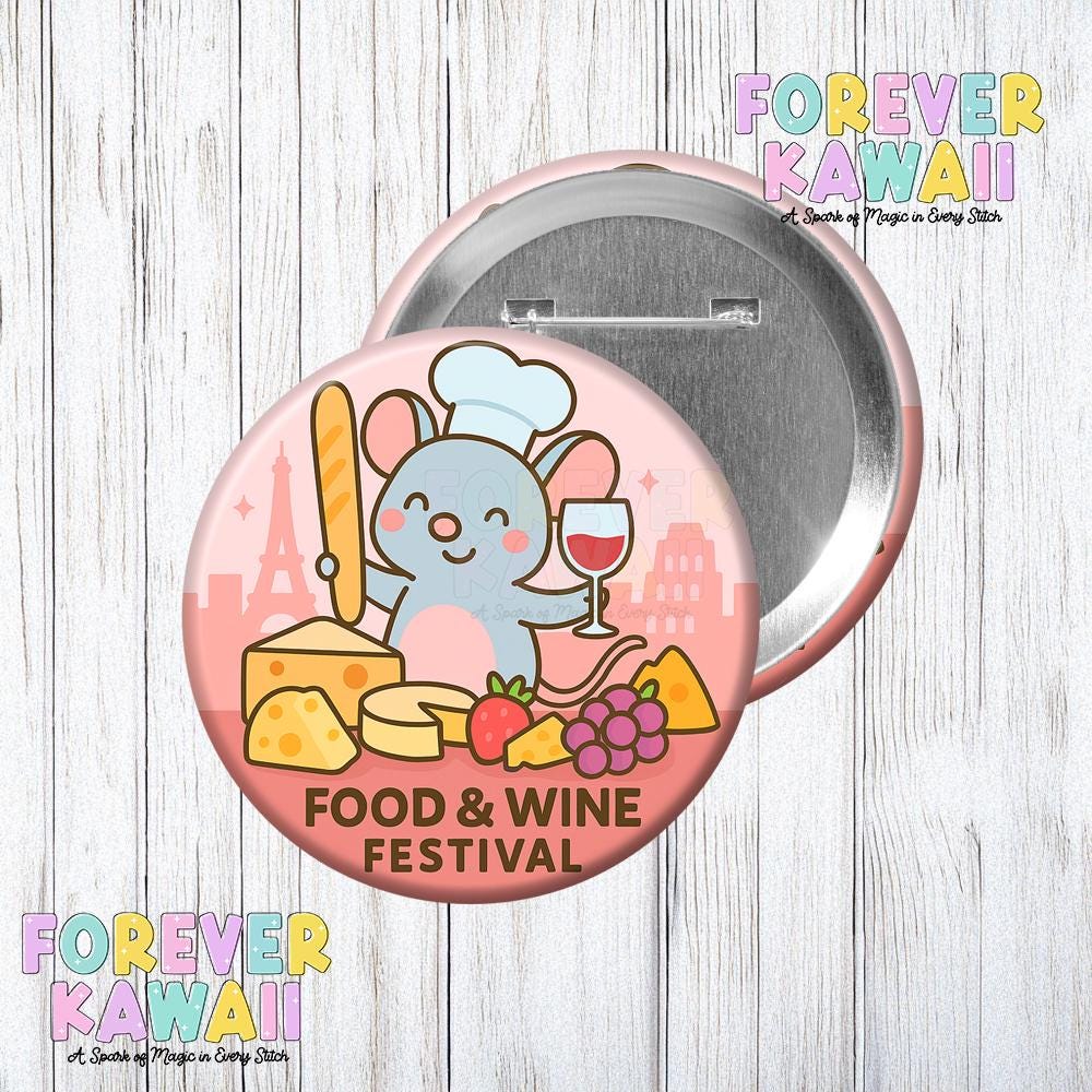 Food and Wine Festival Button – Remy Inspired Chef Mouse 3" Pin – Kawaii EPCOT Cheese and Wine Badge – Park Day Accessory