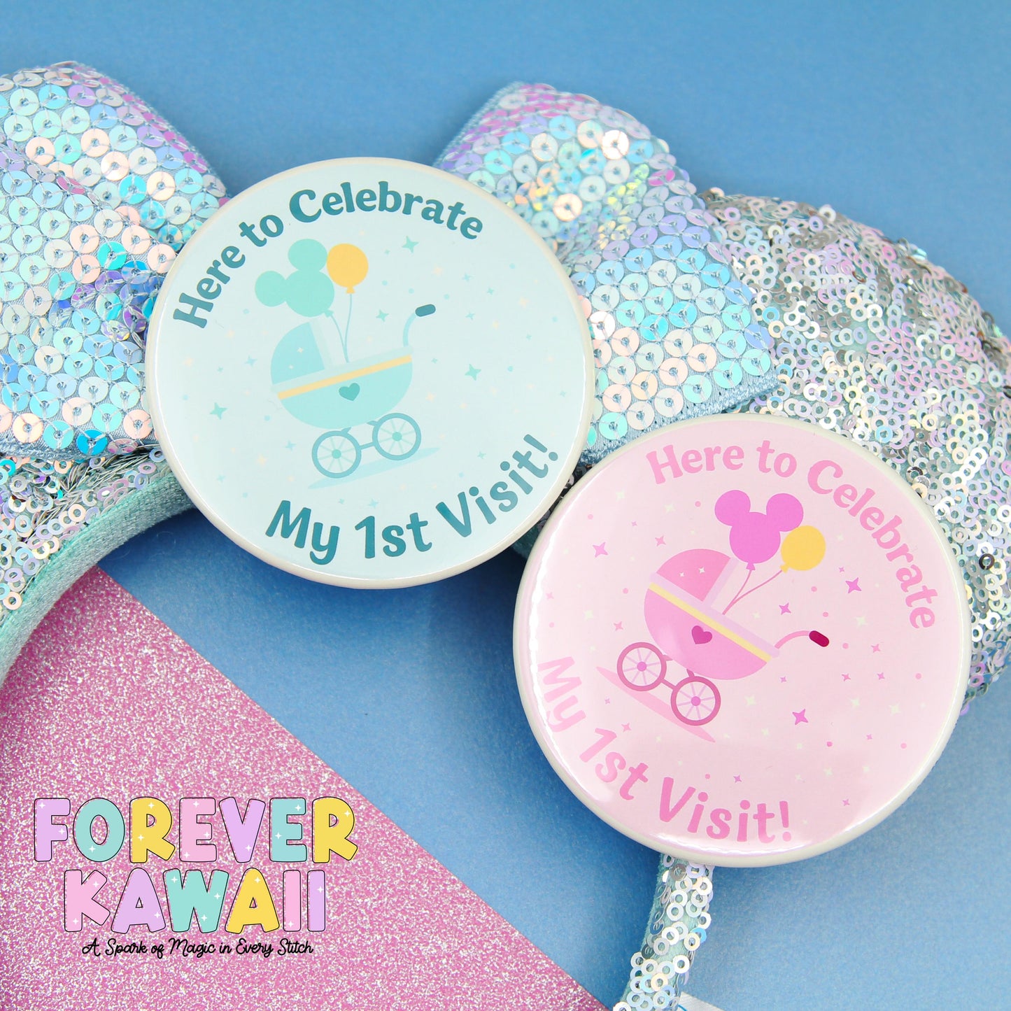 Baby’s First Visit Celebration Pinback Button – Pink or Blue - 3" Celebration Pin – Theme Park Trip Keepsake – Cute Baby Memory Badge