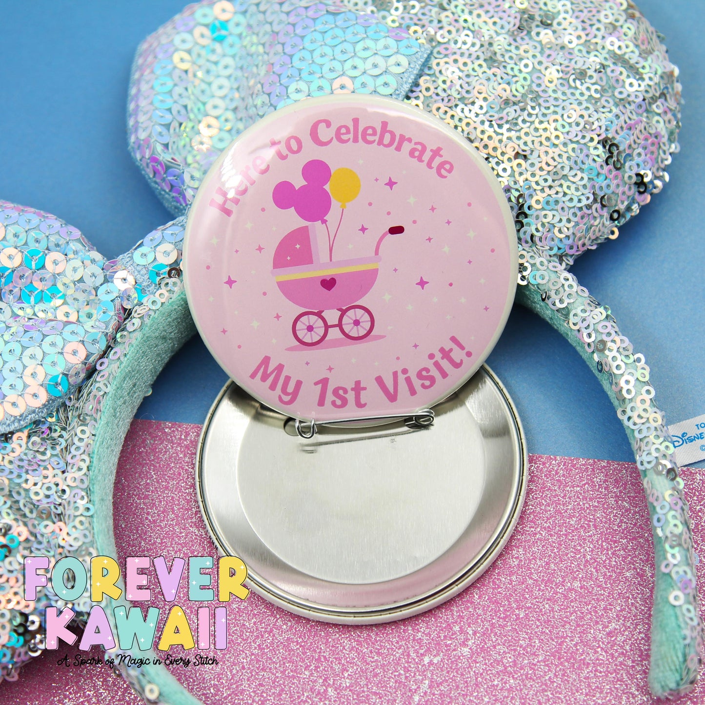 Baby’s First Visit Celebration Pinback Button – Pink or Blue - 3" Celebration Pin – Theme Park Trip Keepsake – Cute Baby Memory Badge
