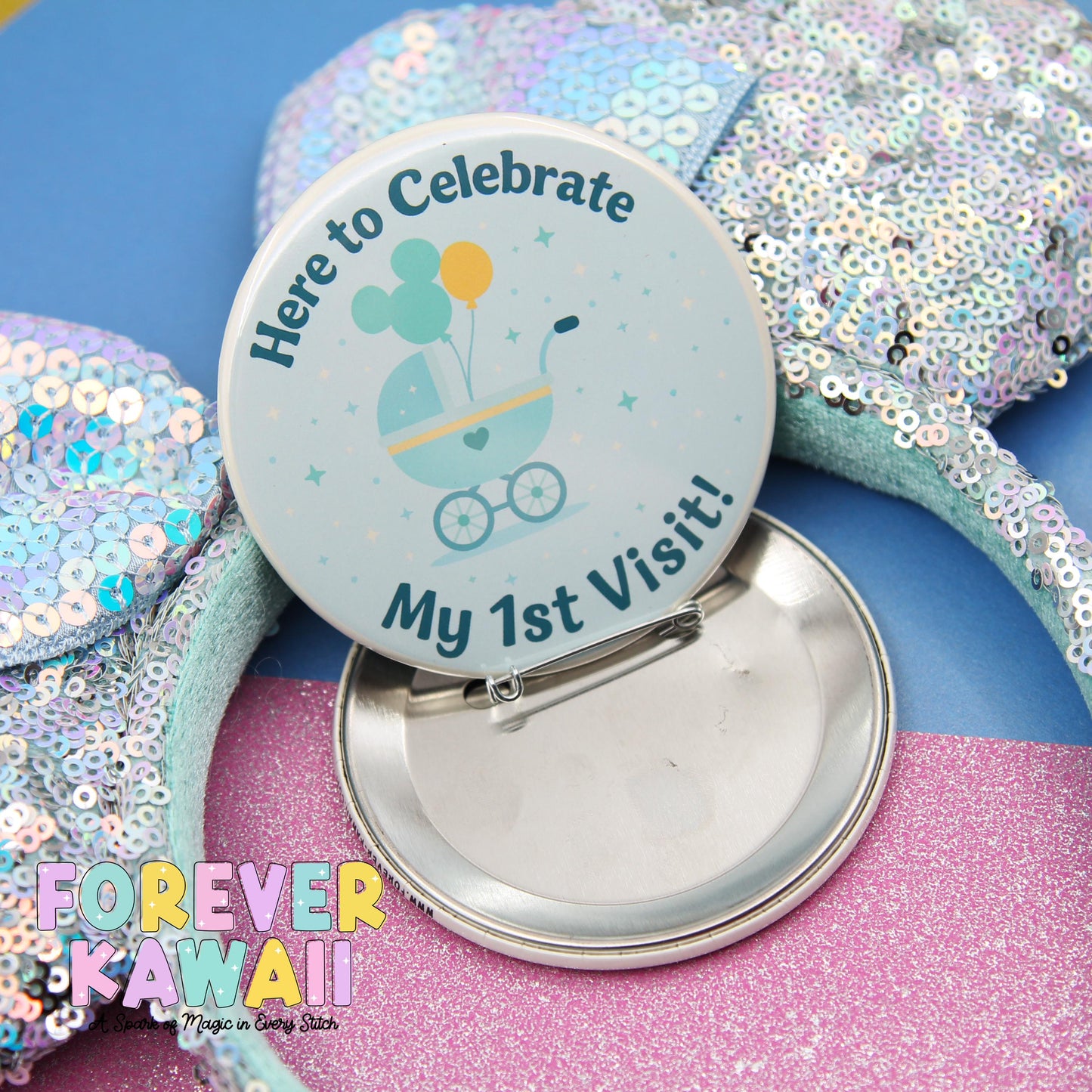 Baby’s First Visit Celebration Pinback Button – Pink or Blue - 3" Celebration Pin – Theme Park Trip Keepsake – Cute Baby Memory Badge