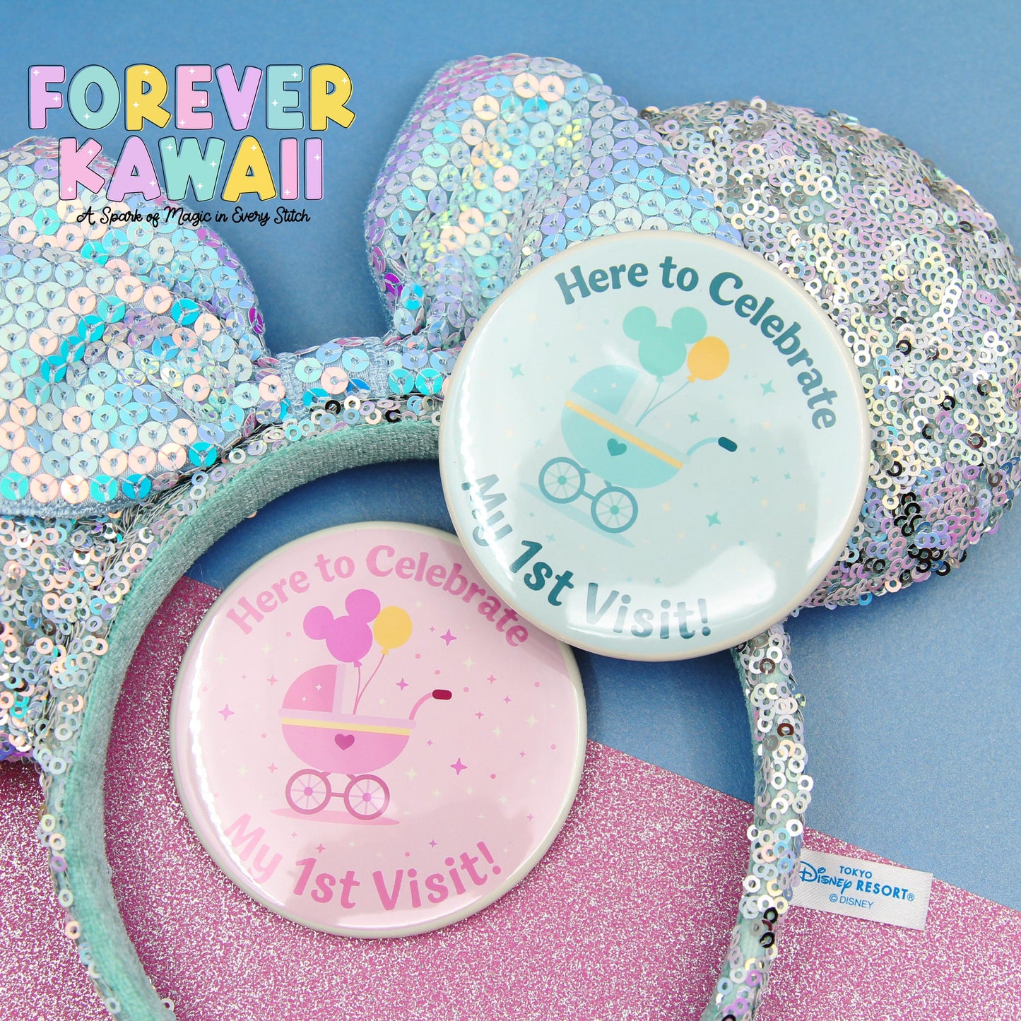 Baby’s First Visit Celebration Pinback Button – Pink or Blue - 3" Celebration Pin – Theme Park Trip Keepsake – Cute Baby Memory Badge