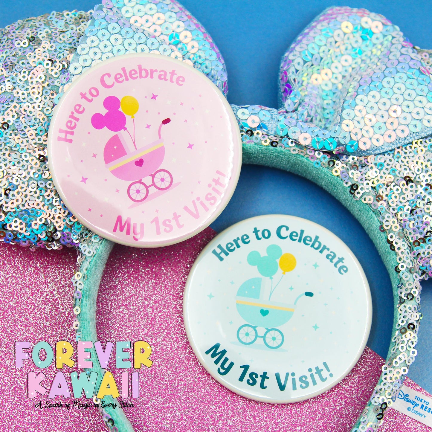 Baby’s First Visit Celebration Pinback Button – Pink or Blue - 3" Celebration Pin – Theme Park Trip Keepsake – Cute Baby Memory Badge