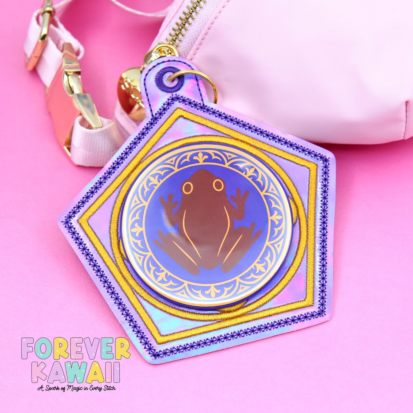 Chocolate Frog Celebration Button Holder – Holographic Vinyl with Magical Gold & Purple Details