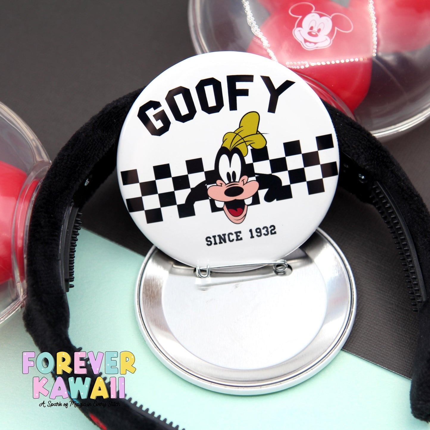 3" Celebration Button β Black and White Checker Retro Park Pin β Matching Keychain Holder β Park Outfit Accessory β Vacation Souvenir