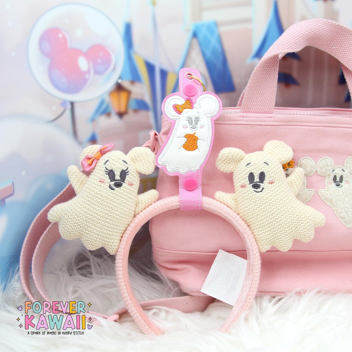 Minnie Ghost Ear Holder Keychain – Pink Sparkle Mouse-Shaped Park Ears & Button Accessory