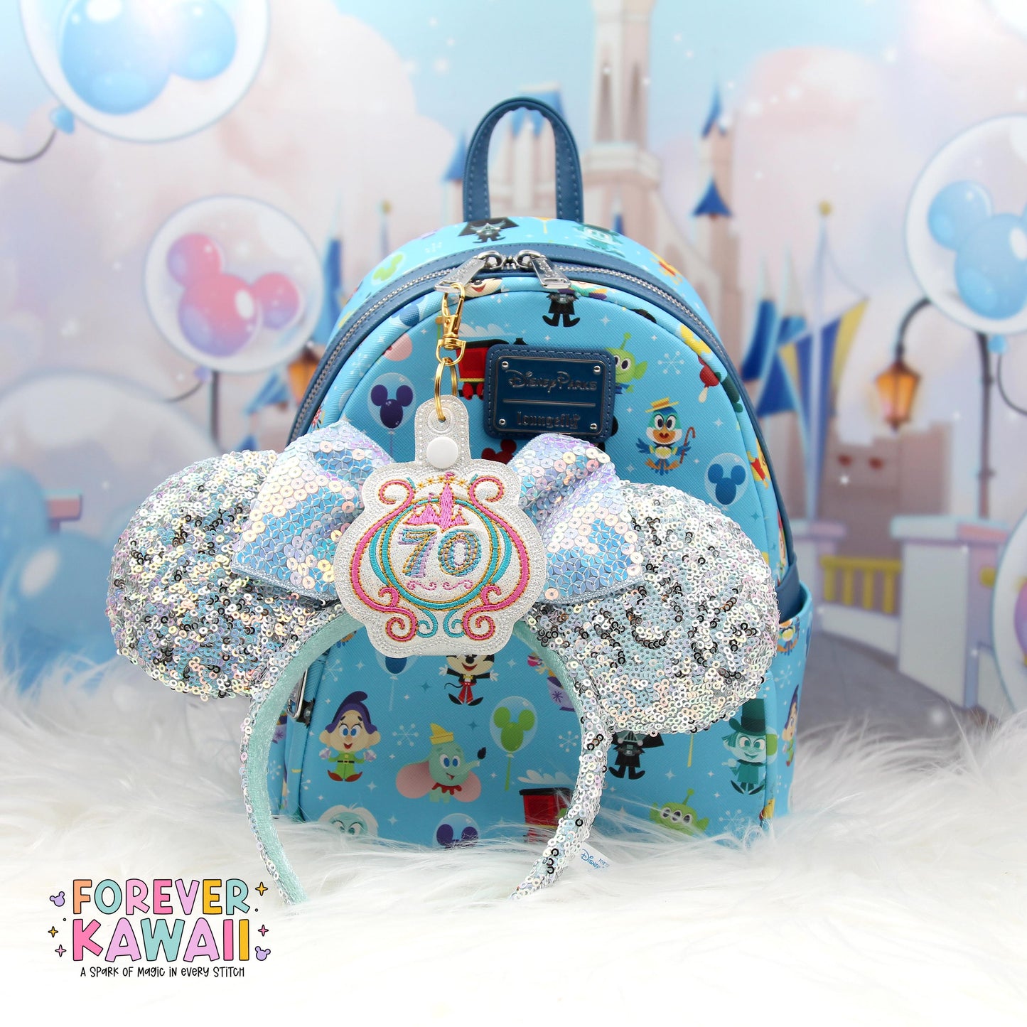 Disneyland 70th Anniversary Ear Holder Keychain – Sparkly Castle Embroidered Park Ears Accessory