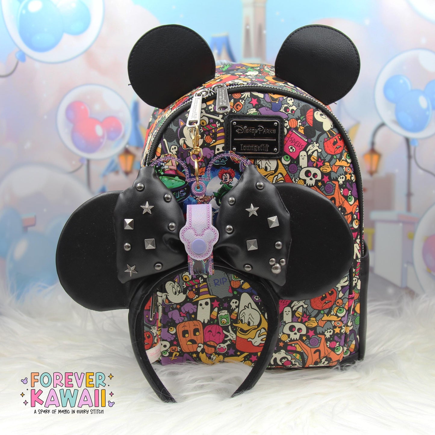 Halloween Witch Trio Ear Holder β Park Ears Holder Keychain, Glitter Vinyl Bag Charm, Spooky Season Accessory for Travel