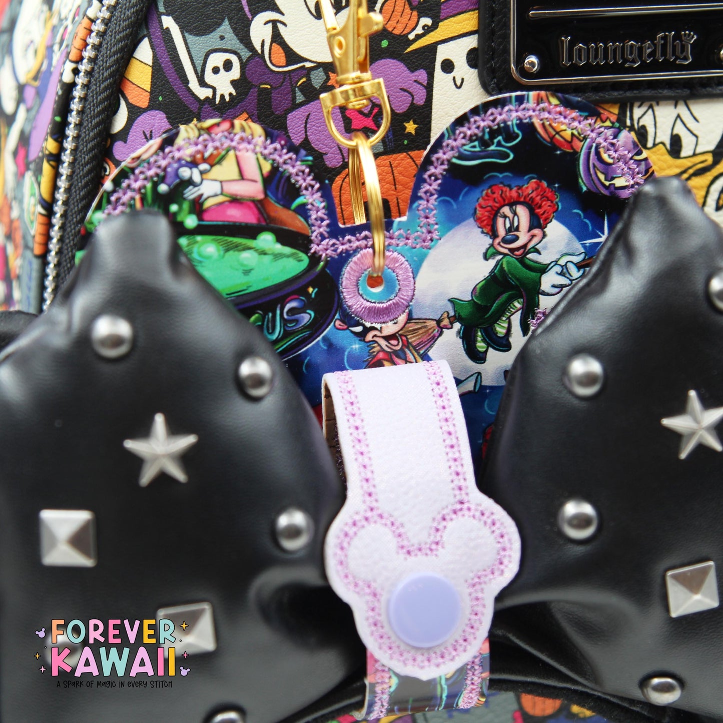 Halloween Witch Trio Ear Holder β Park Ears Holder Keychain, Glitter Vinyl Bag Charm, Spooky Season Accessory for Travel