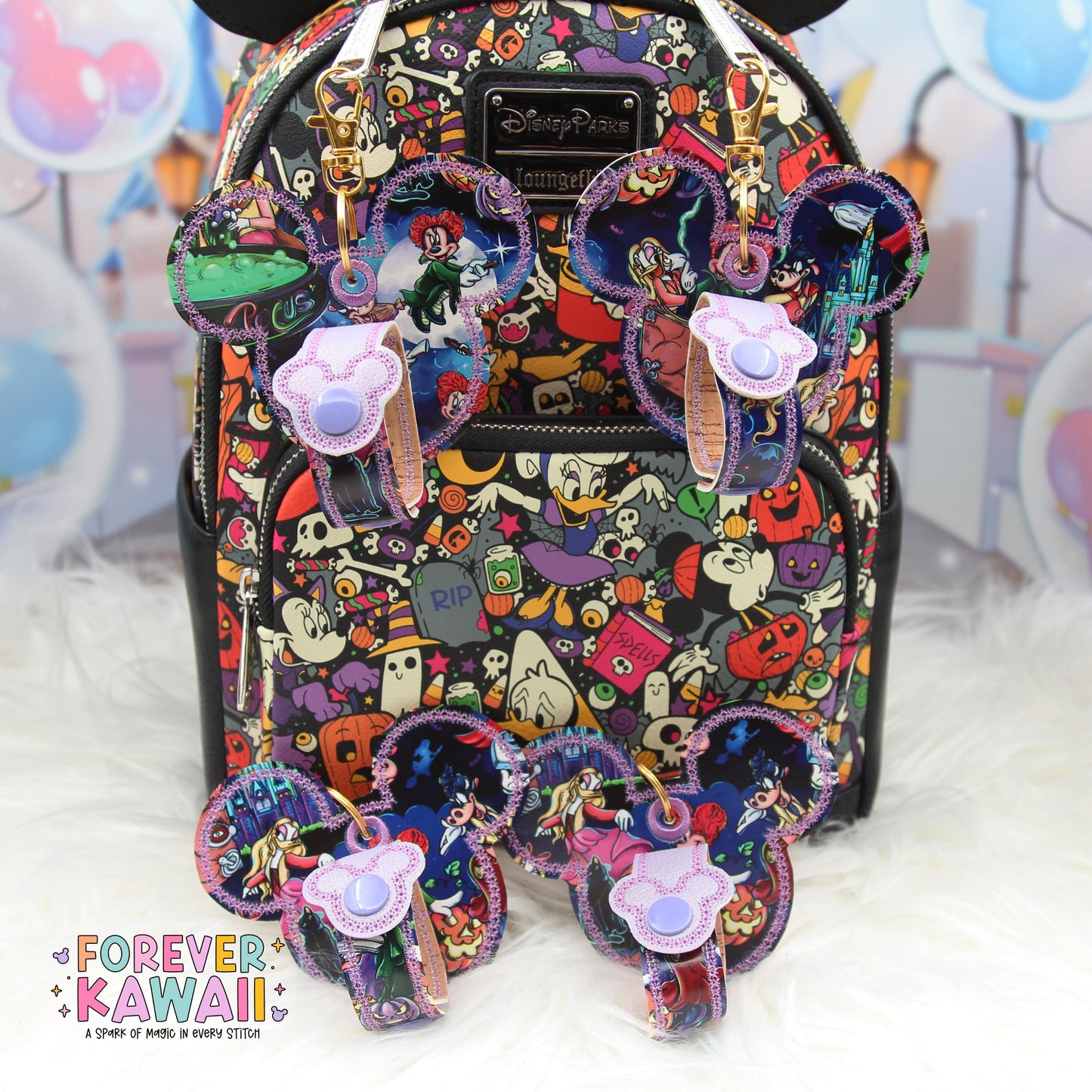 Halloween Witch Trio Ear Holder β Park Ears Holder Keychain, Glitter Vinyl Bag Charm, Spooky Season Accessory for Travel
