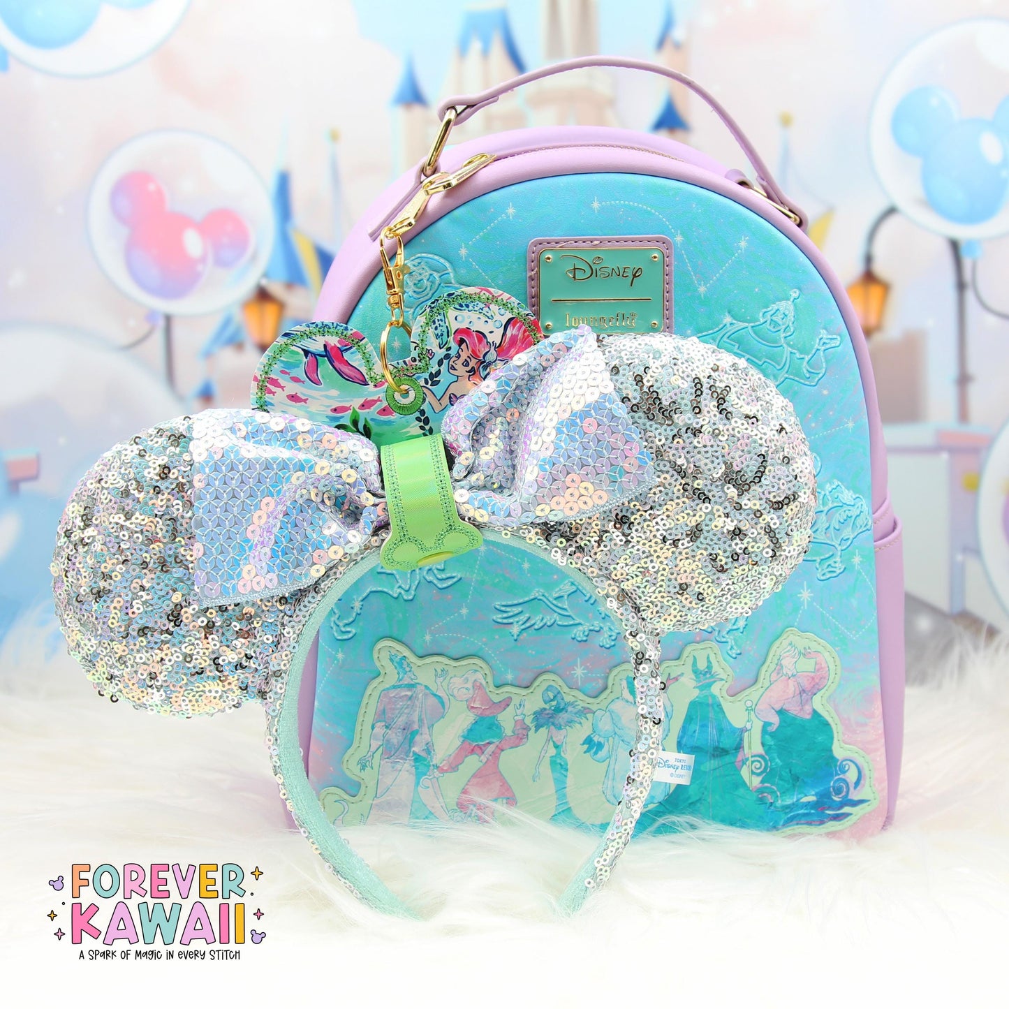 Designer Inspired Little Mermaid Ear Holder Keychain β Sparkly Mermaid Park Ears Accessory Clip for Backpacks & Bags